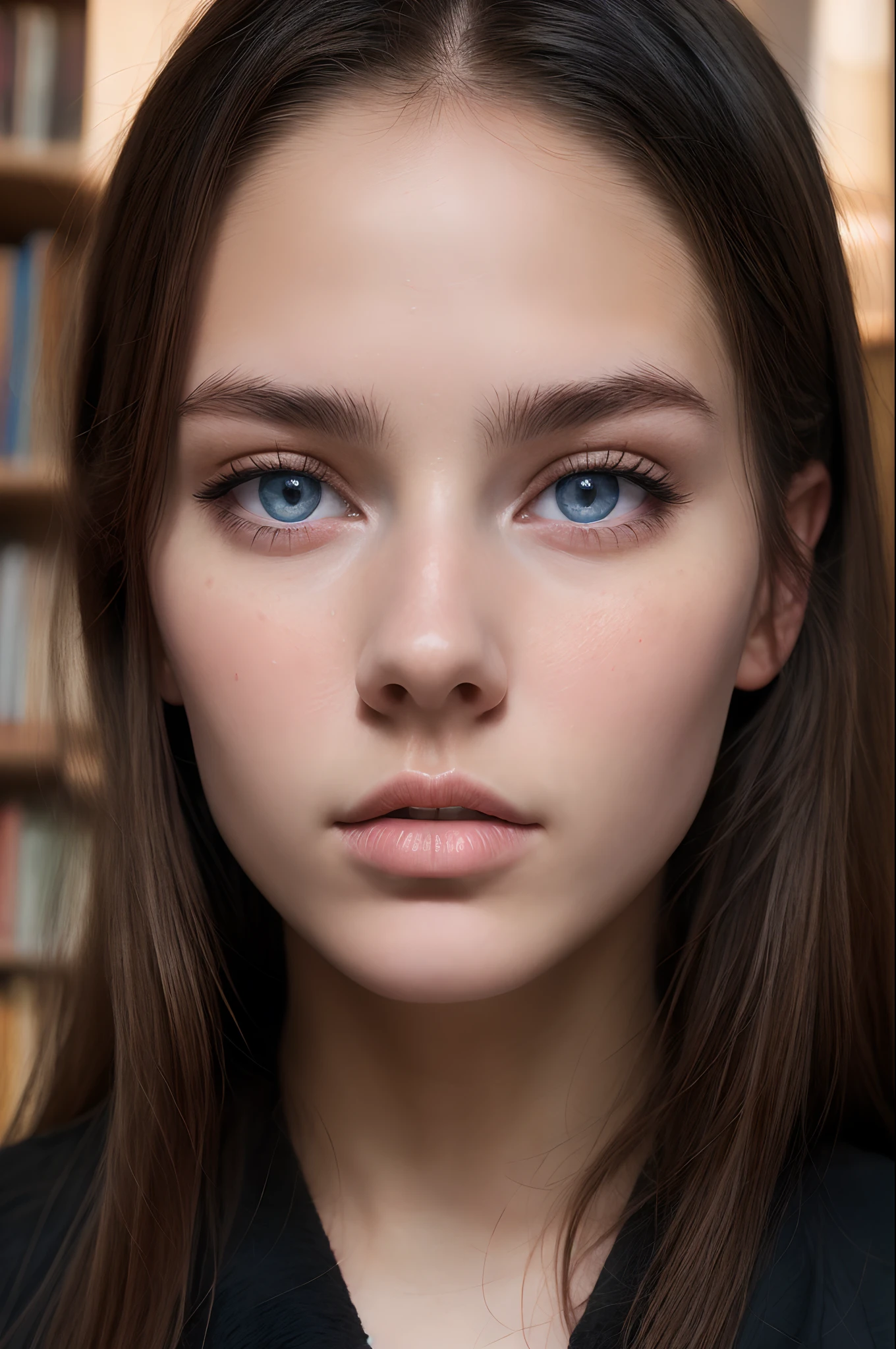 18 years old british woman, detailed blue eyes, wearing black robe, uniform, light brown hair, photograph of closeup face, library natural lighting, dull colors, long hair, by Greg Rutkowski,