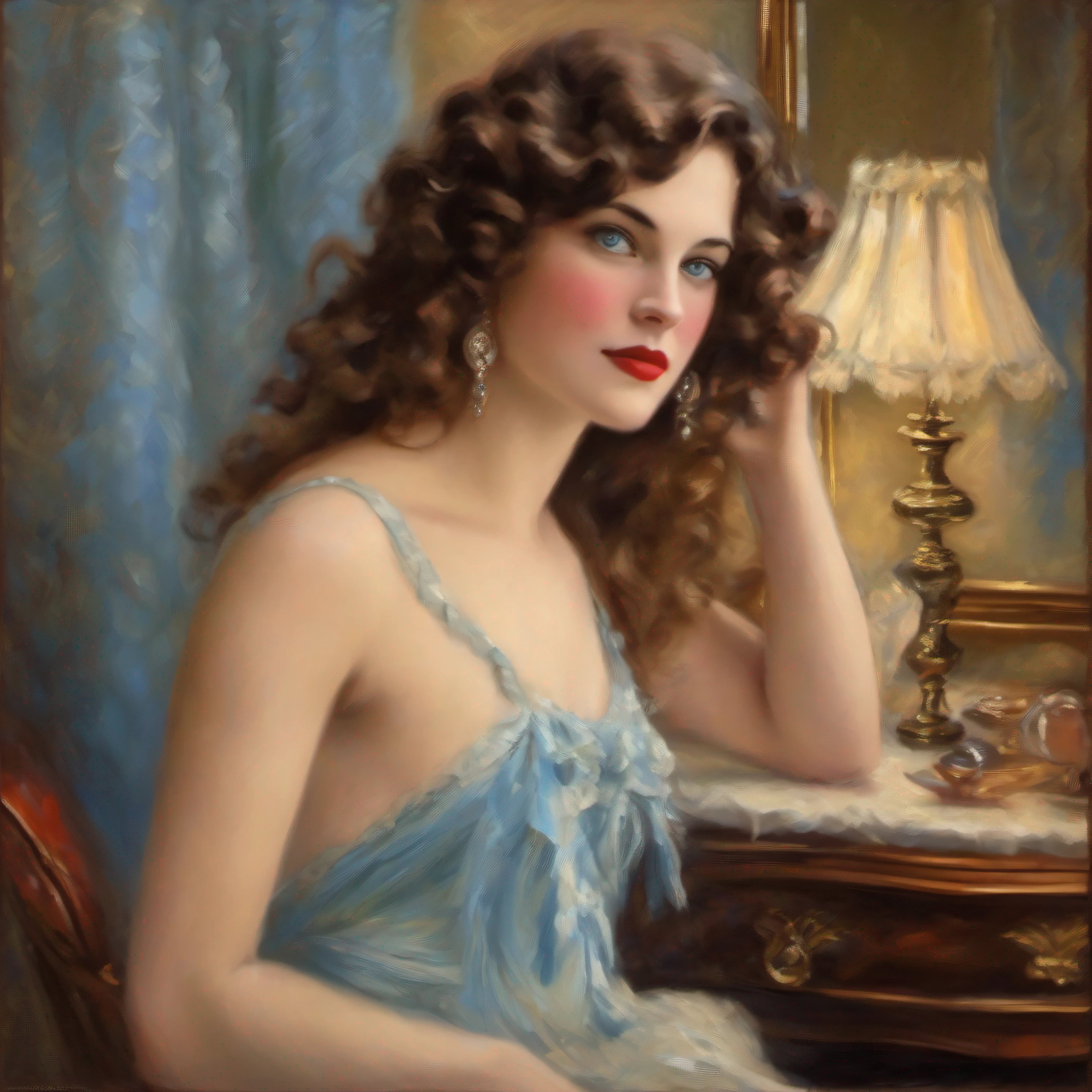 A beautiful woman from the 1920s, she has a lovely red dress on, long brown curly hair, and blue eyes, she is dressing in front of her bedroom mirror, she has a beautiful room, she is elegant, classy, there is soft romantic lighting, painted on oil on canvas in Monet style