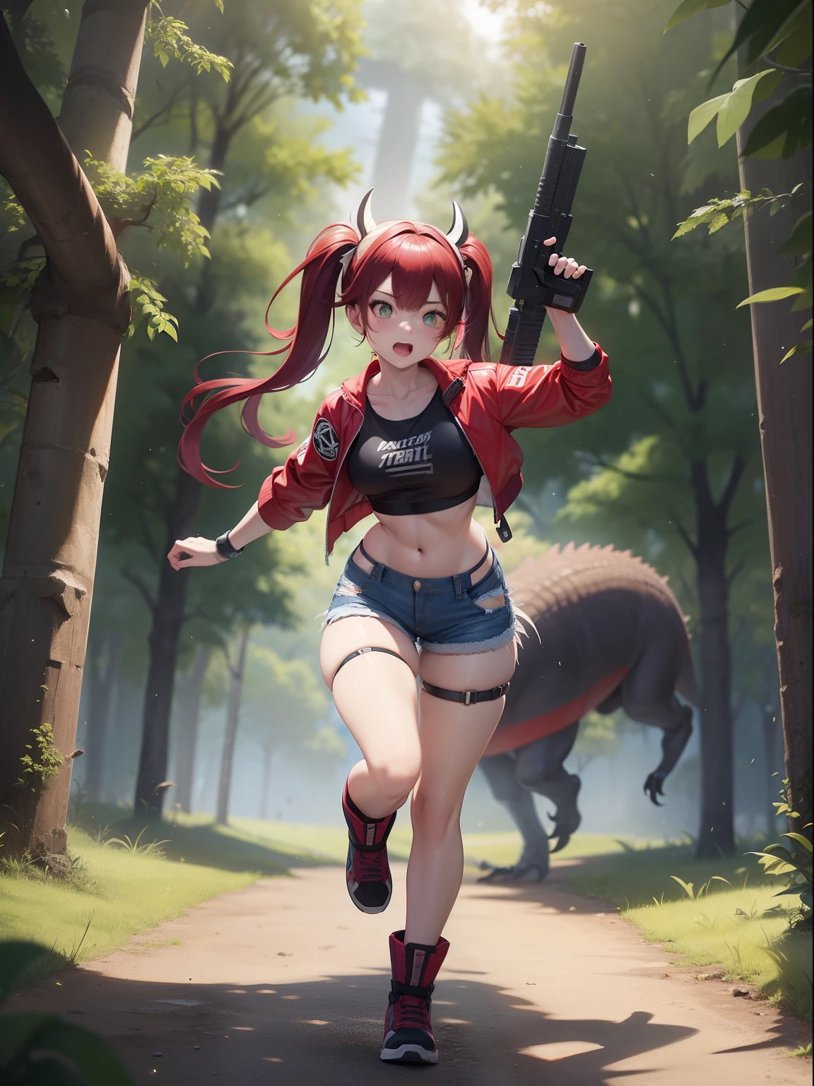 Female asian Irina Shidou red hair twintails green eyes (1 girl), in ancient Mayan ruins, wearing a bomber jacket and crop top and denim shorts, laser rifle in right hand, shooting laser rifle, running away from a giant raptor dinosaur, big scary raptor dinosaur running behind girl. Big terrifying raptor dinosaur with open mouth running very fast (1 dinosaur), ray tracing, reflection light, depth of field, full body shot, masterpiece, best quality, high details, high quality, ccurate, textured skin, UHD