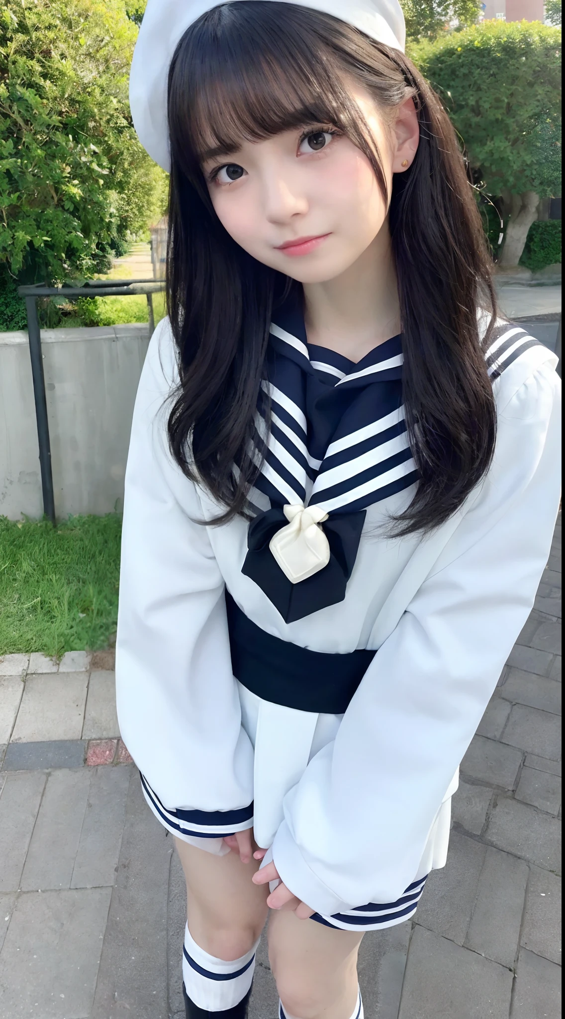 mix4, (8K, Raw photography, Top image quality, masterpiece: 1.45), (realisitic, Photorealsitic: 1.37), one girls, cute little, A city scape, natta, Sateen, Wetty, profetional lighting, photon maping, Radio City, physically-based renderingt, Gradient black hair,, a handsome, girl with, (((student clothes、a sailor suit、a miniskirt))), Top Quality Photos, hight resolution, 1080p, (clearface), (Detailed face description), (Detailed hand description), (masterpiece), (Exquisite CG)、extreme light and shadows、dishevled hair、master work、abundant detail、(Fine facial features)、(top quality photo)、(masuter piece)、(A detailed eye)、Look in front of you、Fine clavicle、((Slender big))、((White beret)))、((Cute idol system))、((School Grounds))、(Shooting from random perspectives)、(((Anyway cute)))、耳?????? Ring、A big smile、Drawing the whole body from the knees、Do not draw nasolabial folds、
