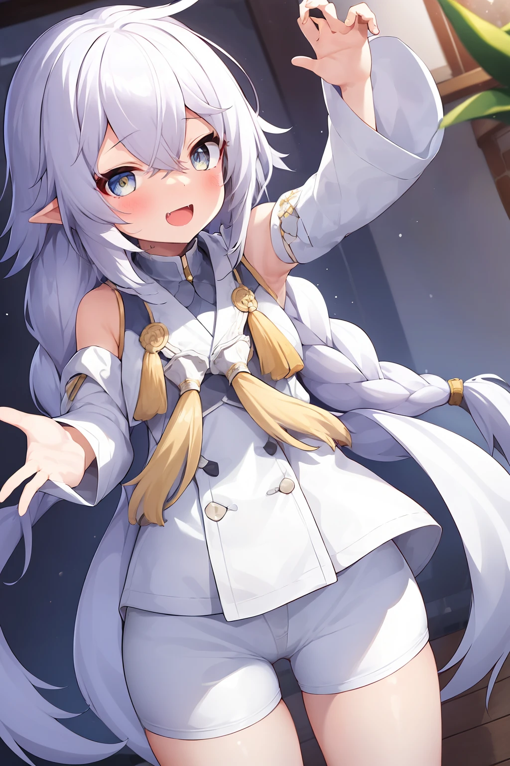 1girl,longhair,whitehair,bangs,cute,whitescarf,fang,whitescarf,whiteshirt,whitepants,blush