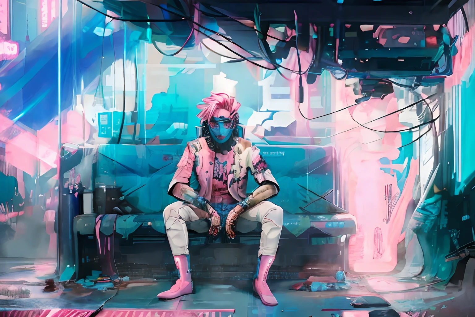 Cyberpunk draw style, pink t-, blue jeans, sad face, sit pose, mullet hair