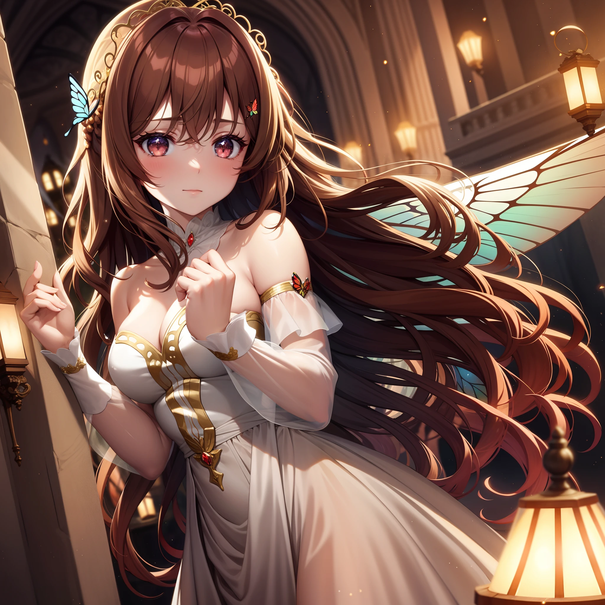 (muita delicadeza) A gorgeous fairy with light brown hair and sparkling red eyes, trajando um corpete rosa e uma saia com babado branco. Their beautiful wings are like butterfly wings. She's in a magical enchanted forest.