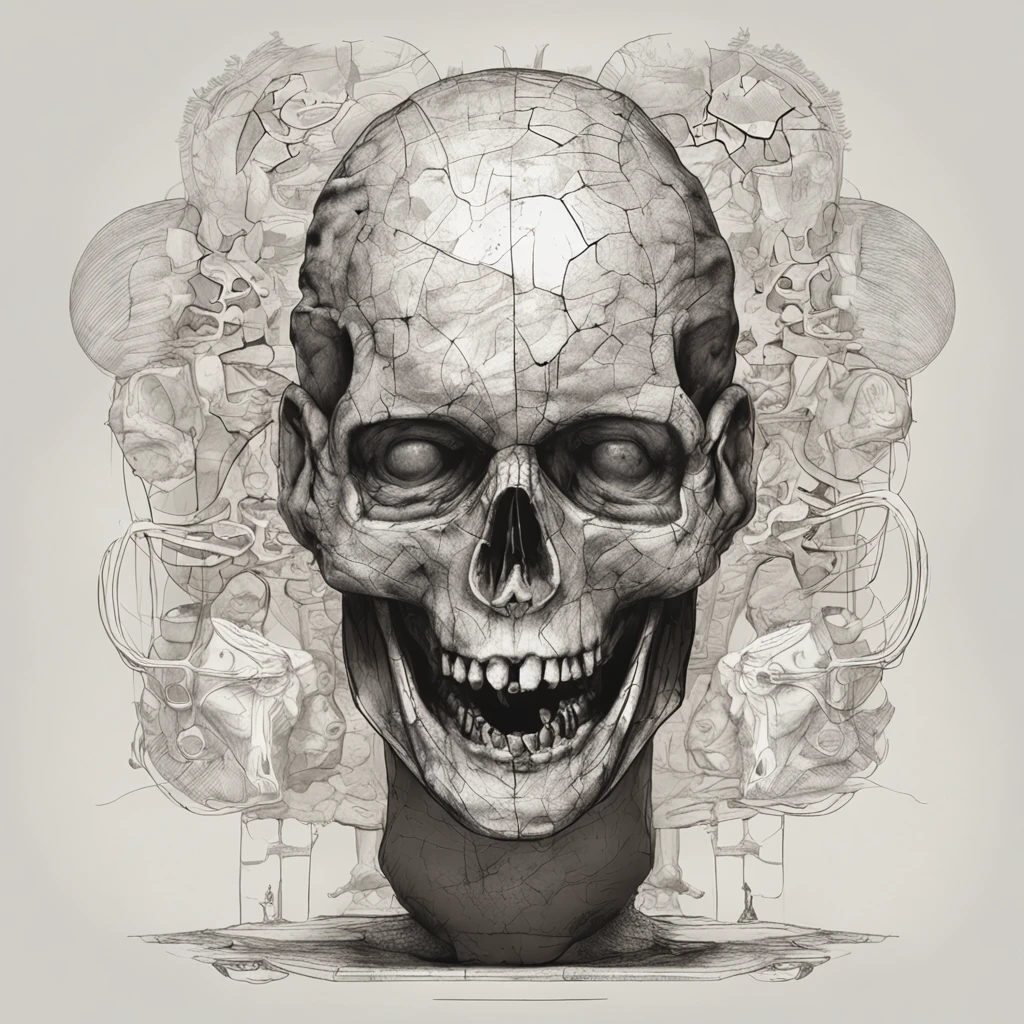 A human head with spider legs on a mixed floor of mud and stones, a human head in profile with a face opaque like a theatre mask, the skull is transparent, Inside the skull are homunculi with a shiny chest.