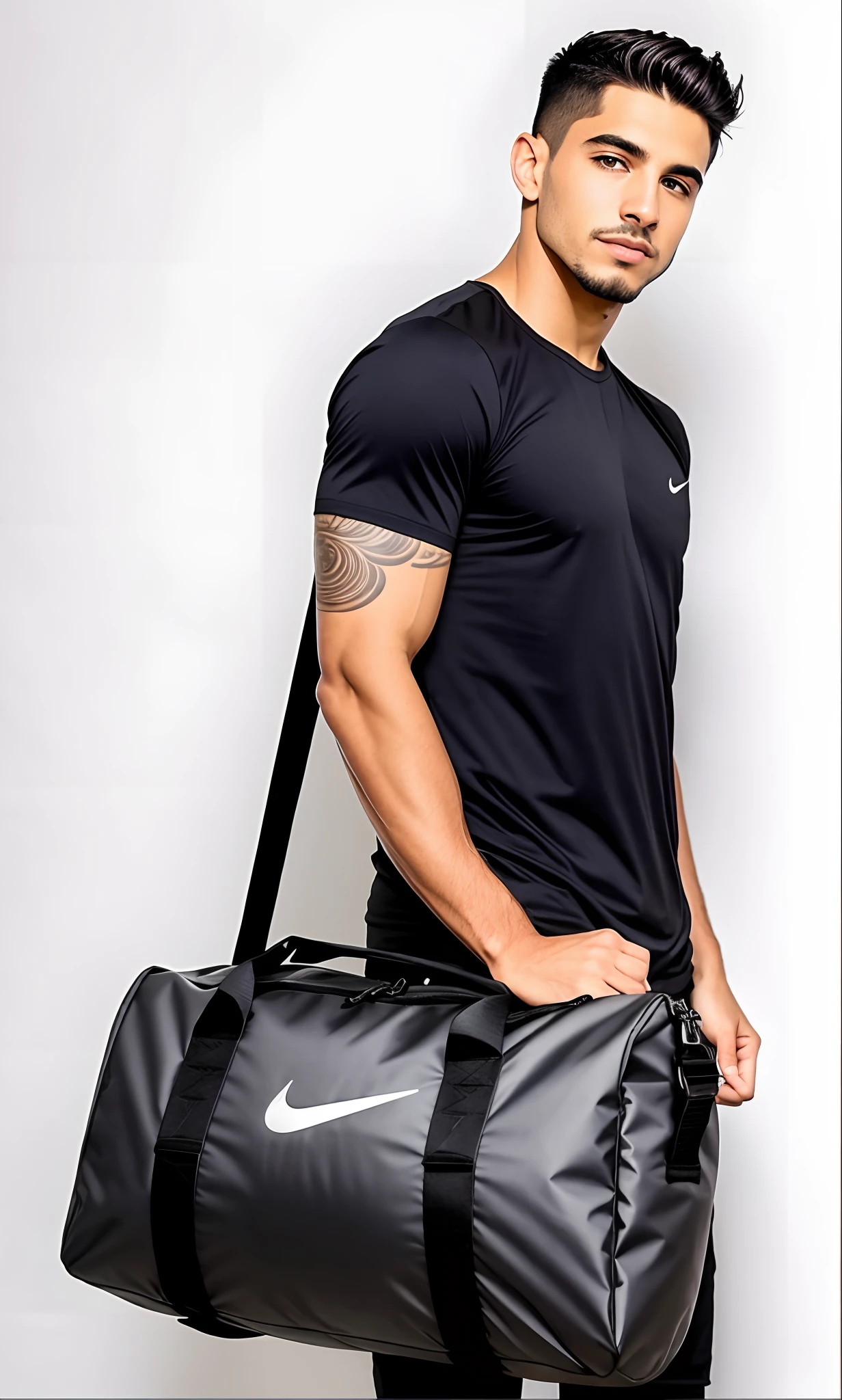 Nike Duffel Bag Preto, estilo esportivo profissional, foto oficial do produto, Sacos, roupas esportivas, Perfil de corpo inteiro, imagem oficial do produto, Nick Silva, Detalhe perfeito, corpo inteiro, corpo inteiro, detalhes elaborados, suave em _ O pano de fundo, catalog photo, extremamente intrincado, detalhes altamente intrincados, seu intrincado detalhado, sombreamento intrincado, Detalhe excepcional, fotografia realista, fotografia, obra-prima, realista, Realismo, renderizado, Alto contraste, Arte Digital, fotográficorealista, trend in Artstation 8k HD, high definiton, circunstanciado, Realistic, detalhada, textura da pele, hiperdetalhada, Textura realista da pele, melhor qualidade, ultra high-resolution, (fotografia realista: 1.4), alta resolução, detalhada, fotografia crua, Crisp resolution, Nikon d850 filme, fotografia de stock 4, Kodak Portra 400 Camera F1 Lens.6, textura hiper realista, lighting dramatic, Unrealistic trend in Artstation Cinestill 800, RAW. Directed by: Lee Jeffries.