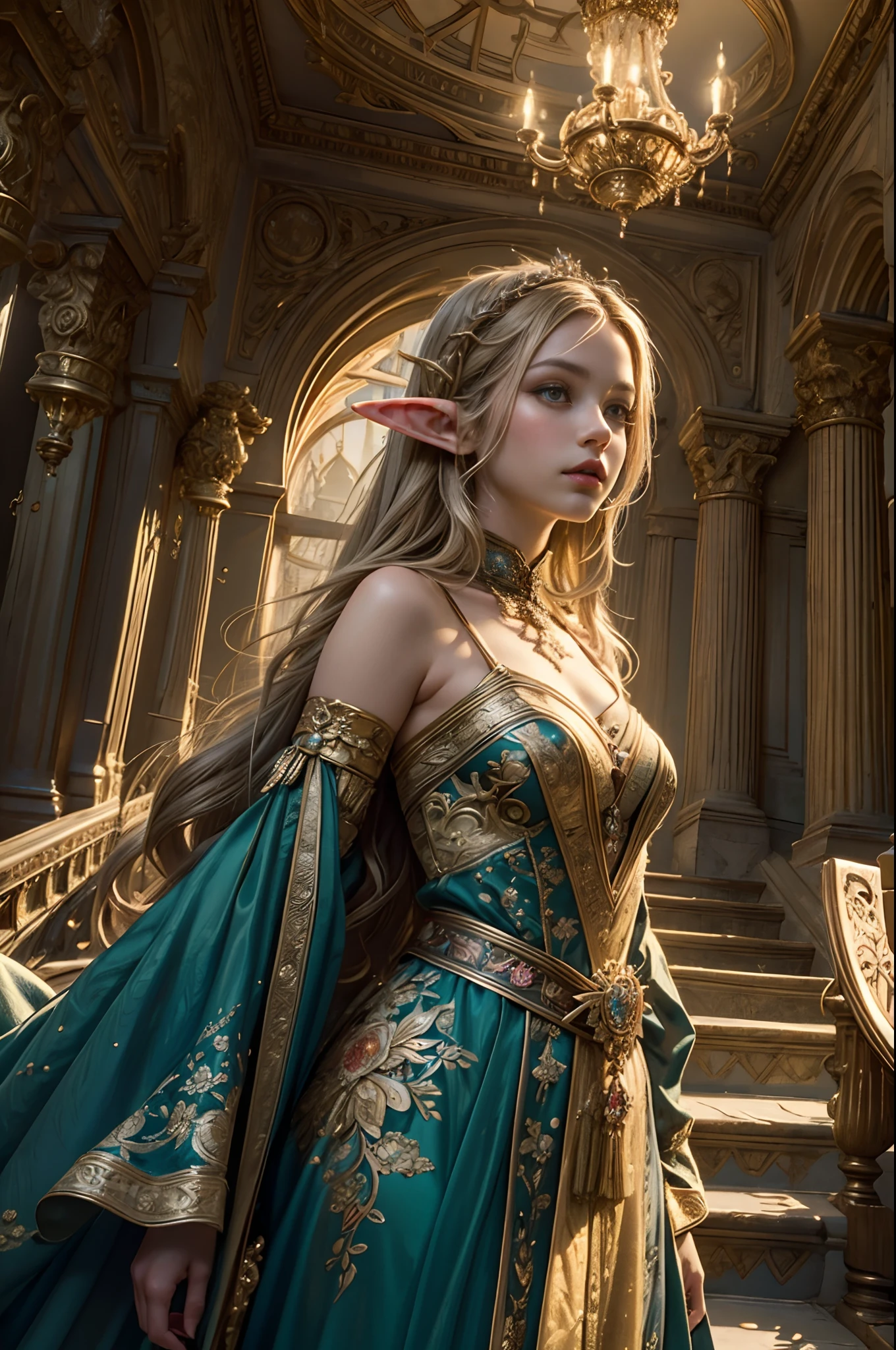 (masterpiece, top quality, best quality, official art, beautiful and aesthetic:1.2), (ung Elf girl), extremely detailed, long shapeless hair, (fractal art:1.3),colorful,highest detail, cinematic lighting, elven city background.