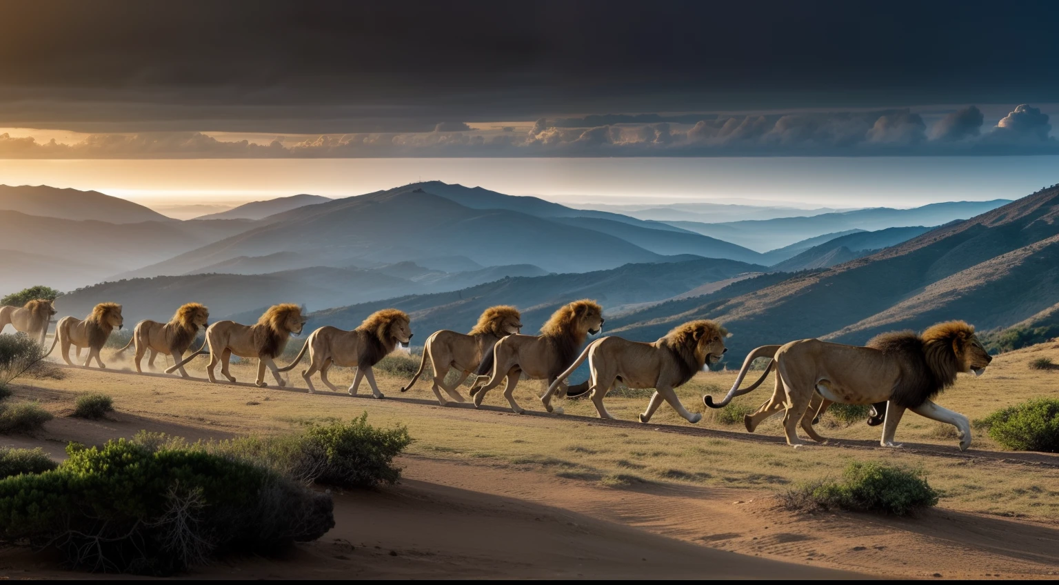 Uma imagem de Leo, now a mature and imposing lion, Leading a group of lions in a majestic landscape. They are in formation, prontos para enfrentar um desafio. Leo is not center, com uma postura firme e olhar confiante. Ao fundo, You can include elements that represent learning, como um pergaminho ou livros abertos, symbols of courage, like a stormy horizon or a steep mountain, and elements that symbolize the pursuit of excellence, like bright stars in the sky.