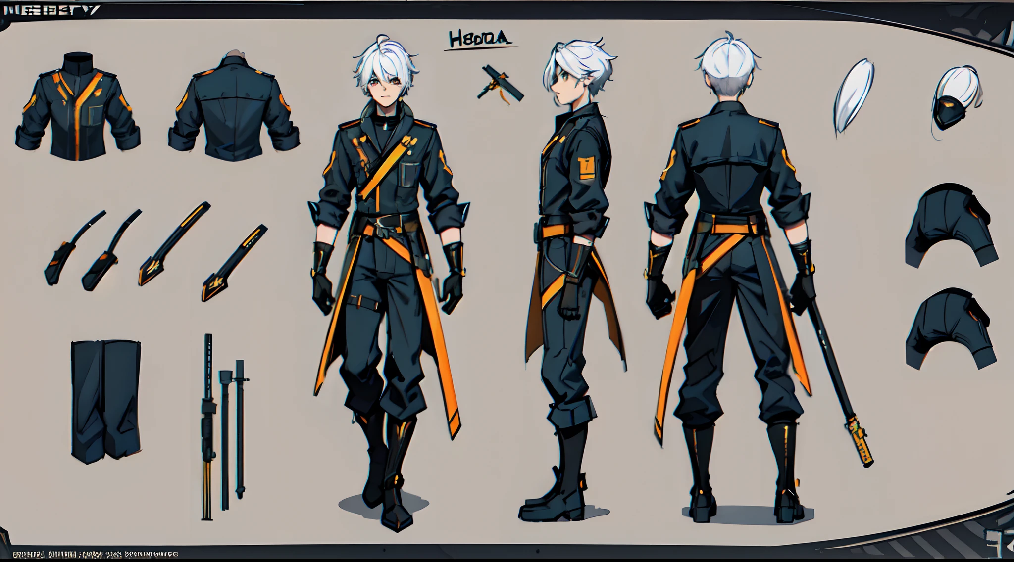 Close-up of a guy in a gun costume, ((character concept art)), ((Character design sheet, same character, on front, from on the side, At the back)) Character image, Video game character design, Video game character design, The hair is silver with a gold parting, eyecolor: Heterochromia: One eye is golden , the other is brown, SCI-FI Одежда, He wears gloves on his hands, Wears special mechanical boots. Weapon - katana of light