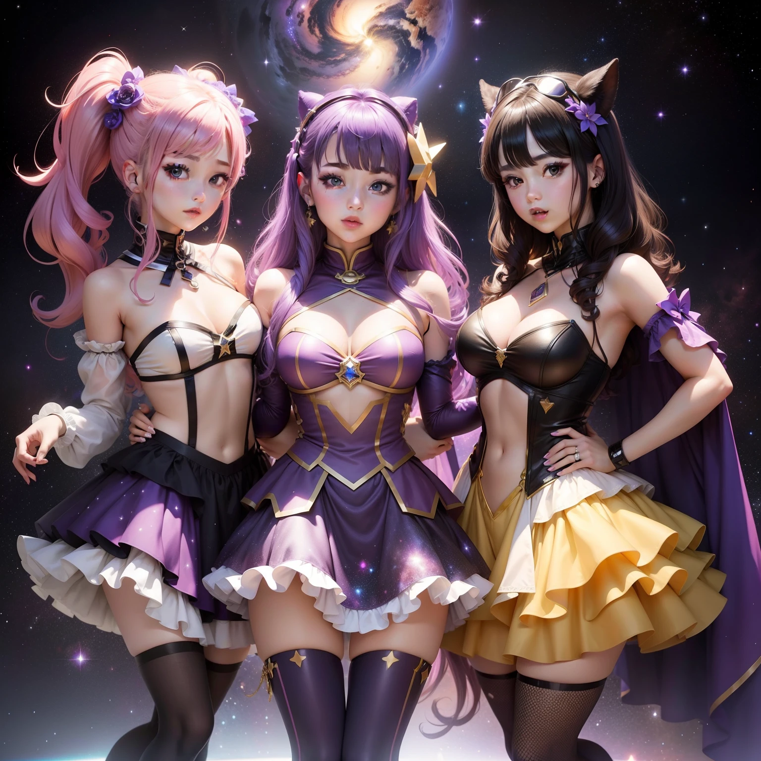 Female Idol Covered by the Galaxy（Cute costumes）、Looks fun、full body Esbian、Fluorescent purple