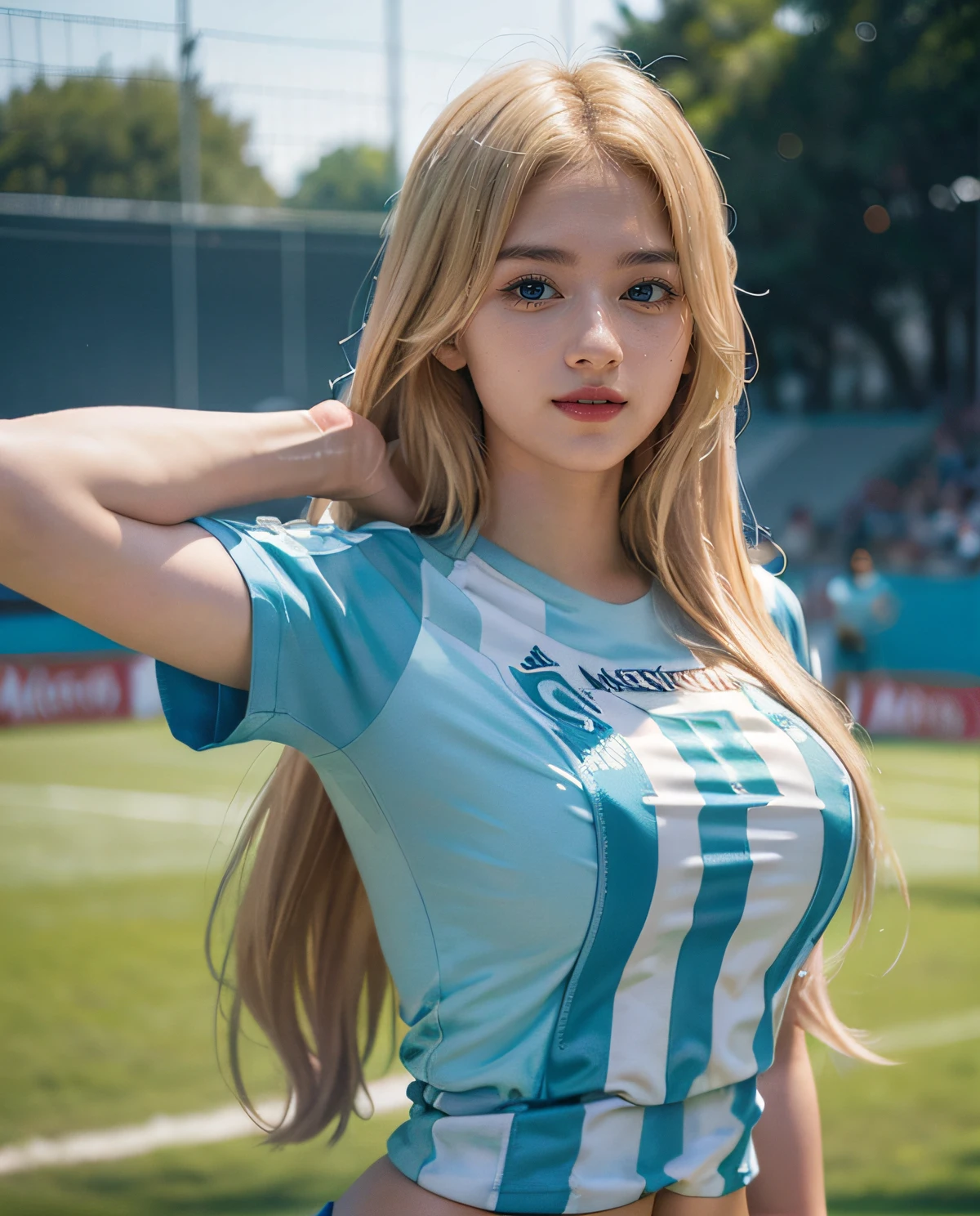 1girl, (Blue Eyes), smiling, (Sana Minatozaki), wide hips, Big Boobs, big ass, (Best Quality, 8k, Masterpiece: 1.3), Clear Focus: 1.2, Perfect Body Beauty: 1.4, Slender Abs: 1.2, Highly detailed face and skin texture, detailed eyes, double eyelids, red lips, (blonde long hair), (t-shirt argentina soccer :1.4), (black short :1.3),soccer, in soccer field, people in the grandstand in the background