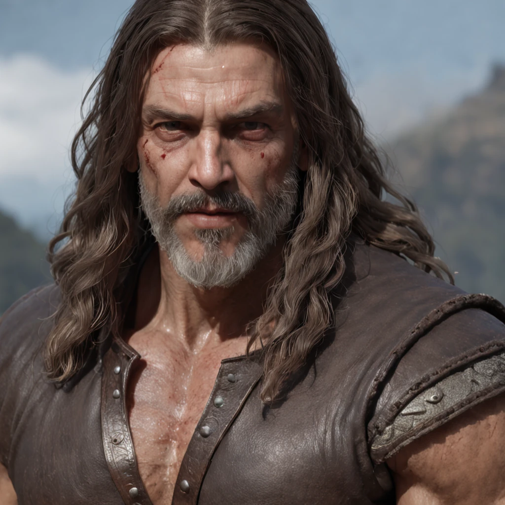 The witcher (Professional 3D rendering:1.3) de (Realistic:1.3) Foto de arte mais bonita do mundo，Features soft, bright male heroes, ((Epic hero fantasy rough muscular man wet hero angry look long hair short beard and fierce expression in dynamic pose, fantastic location, majestoso ambiente desordenado)), corpo inteiro 8k unidade render, action shot, poros da pele, very dark lighting, sombreamento pesado, circunstanciado, Rosto detalhado, (vibrante, fotogrdeia realista, Realistic, Dramatic, Escuro, foco nítido, 8k), (Old leather clothes damaged by bad weather:1.4), ((((Use peles)))), (intrincado:1.4), decadente, (altamente detalhado:1.4), pintura digital, rendering by octane, art stations, Conceito-Arte, liso, foco nítido, illustration, germe da arte, (Loish:0.23), Wlop Ilya Kuvshinov, e Greg Rutkowski e Alphonse Mucha Gracias, (global ilumination, studiolight, Light Volumetric), chuva forte, floating particles, patife, fantasia, Onze, corpo inteiroesbian, ((Fundo escuro e antigo da cidade:1.3)),CGSesociedade,art stations