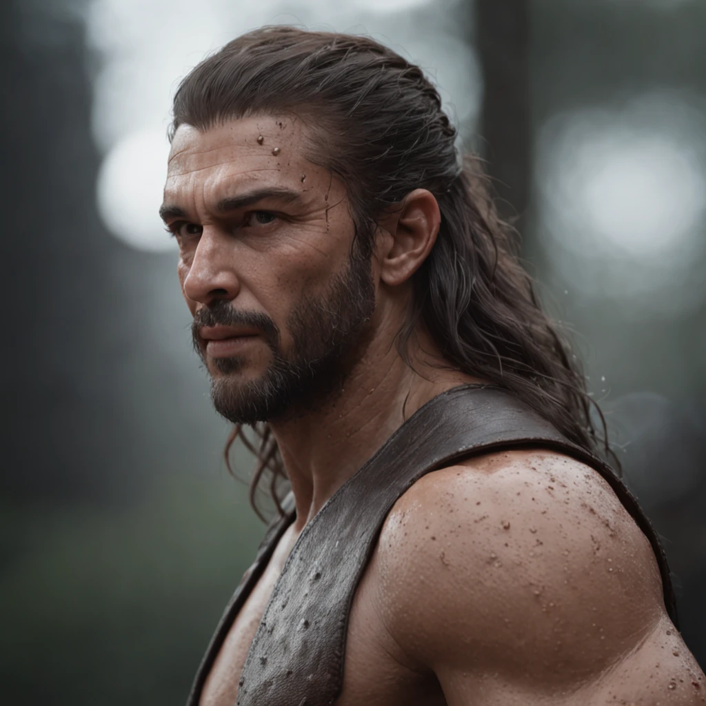 The witcher (Professional 3D rendering:1.3) de (Realistic:1.3) Foto de arte mais bonita do mundo,Features soft, bright male heroes, ((Epic hero fantasy rough muscular man wet hero angry look long hair short beard and fierce expression in dynamic pose, fantastic location, majestoso ambiente desordenado)), corpo inteiro 8k unidade render, action shot, poros da pele, very dark lighting, sombreamento pesado, circunstanciado, Rosto detalhado, (vibrante, fotogrdeia realista, Realistic, Dramatic, Escuro, foco nítido, 8k), (Old leather clothes damaged by bad weather:1.4), ((((Use peles)))), (intrincado:1.4), decadente, (altamente detalhado:1.4), pintura digital, rendering by octane, art stations, Conceito-Arte, liso, foco nítido, illustration, germe da arte, (Loish:0.23), Wlop Ilya Kuvshinov, e Greg Rutkowski e Alphonse Mucha Gracias, (global ilumination, studiolight, Light Volumetric), chuva forte, floating particles, patife, fantasia, Onze, corpo inteiroesbian, ((Fundo escuro e antigo da cidade:1.3)),CGSesociedade,art stations