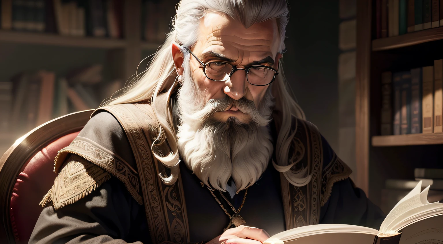 foto realista velho barba bem grande branca, filosofo tipo um mago lendo um livro, quero que repita a mesma imagem nas 4