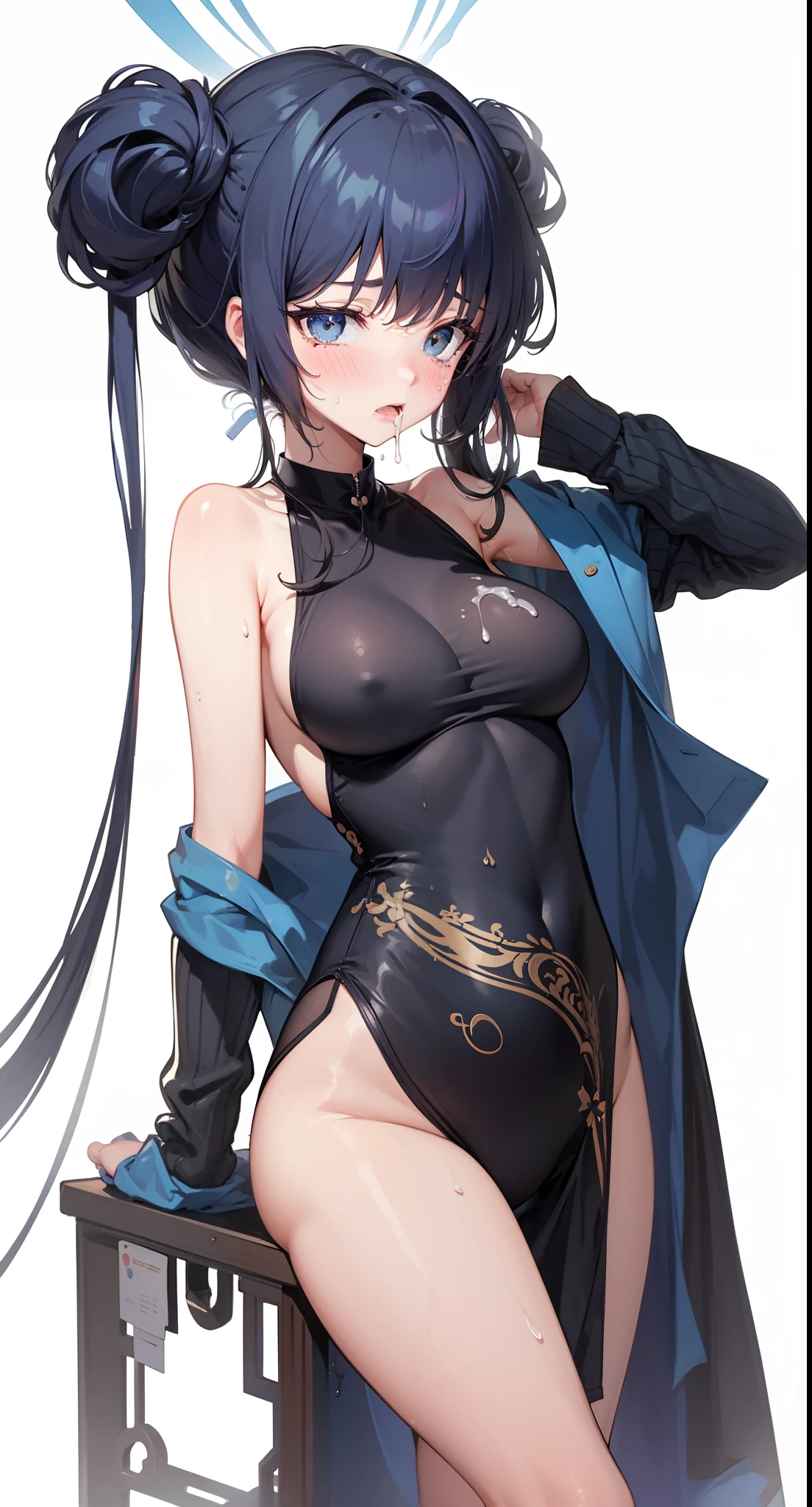 1girll,, Solo,Big breasts、Spillage of breast milk、Bare legged,m embarrassed、Blush、Bed room、Wet underwear、sexual excitement、Masturbation,Reach into his panties、Sperm spillage when the mouth is opened、water stain、irate、Frightened、tear drop,Bare legged,The viewing angle looks up from the feet