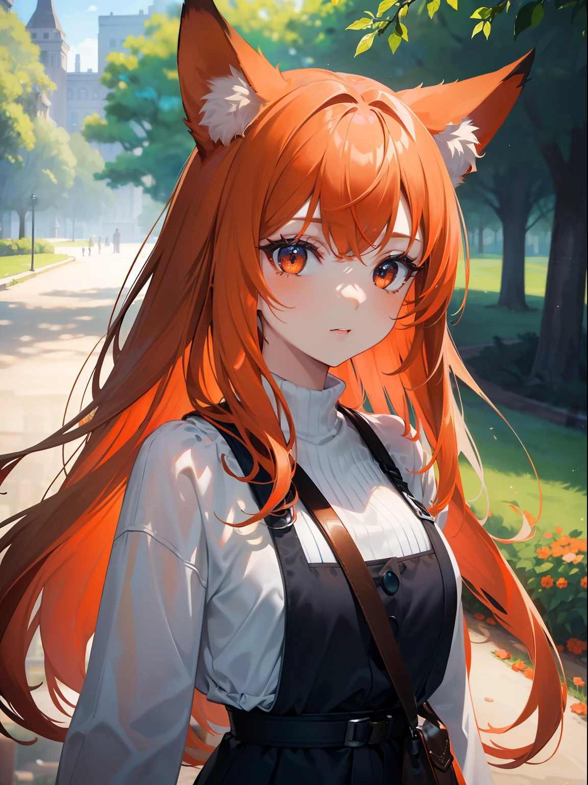 (Masterpiece, Best quality, ultra high resolution, splendid),1girl,casual outfit,in the park,red head, fox ears,beautiful and detailed face, detailed eyes,((gray,orange and blue theme))