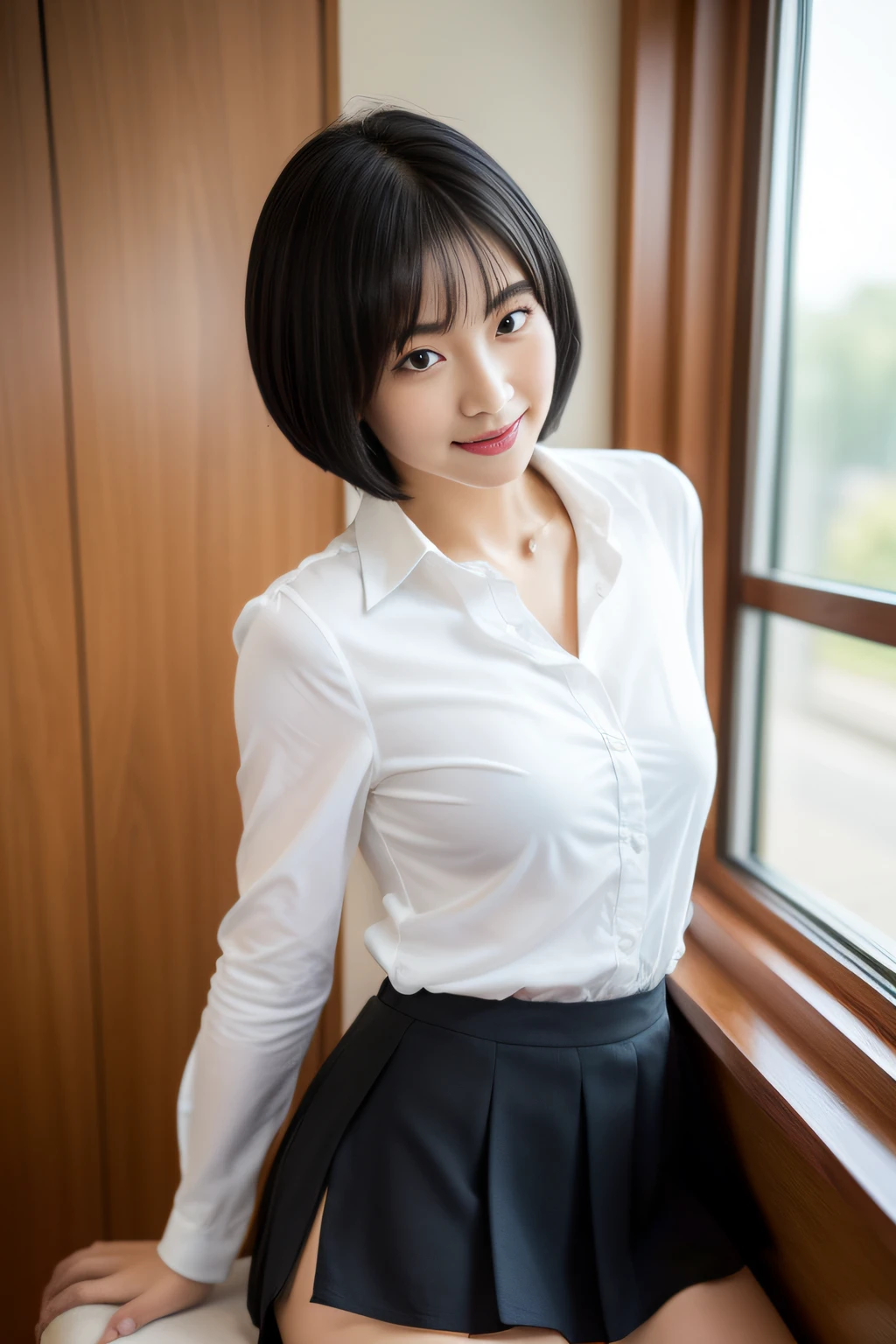 (top-quality、8k、32k、​masterpiece、UHD:1.2)、Pretty japanese woman、A detailed face、27yo、huge tit、(A black、short-hair:1.2)、Female High School Teacher、(Open dress shirt、long-sleeve:1.1)、(tight skirts:1.5)、耳Nipple Ring、(Slightly from the bottom:1.1)、pov、looking at away、to stand、Wooden flooring、white walls、(bewitching、Open your legs、Flipping up the skirt、Charm panties)、(A sexy、seductiv、In love with a boy)、(ssmile、エロ)、(a closeup:1.2)、desk、‎Classroom、window、evening glow、Artistic photography、Sexual