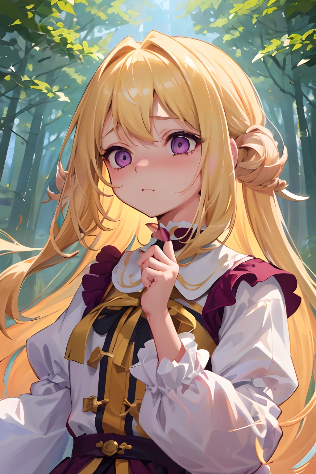 (top-quality、awesome details: 1.25)、１８Year old girl、girl with１a person、blonde  hair、Purple eyes、I'm embarrassed、8k、Puffed out cheeks and embarrassed、the woods、In the sun through the trees、Soft light