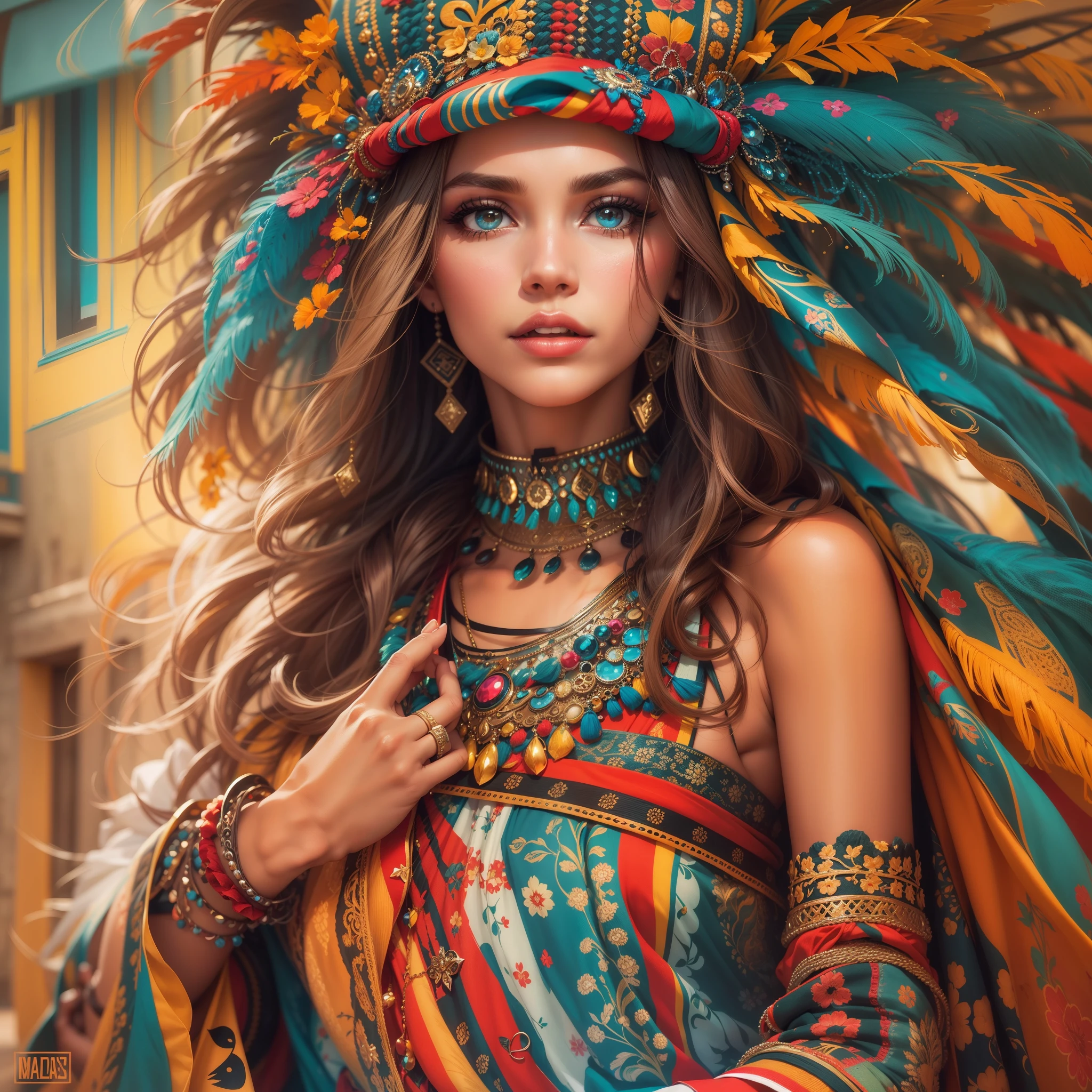 Create a Most Beautiful Woman Picture, from South America Peru, beautiful woman most beautiful, pretty girl, pretty woman, art (picture:1.3), (cover-style:1.3), fashionable, woman, vibrant, outfit, posing, front, colorful, background, striking, modern, trendy, fashion, Detailed face, flawless skin, Detailed eyes, perfect eyes,