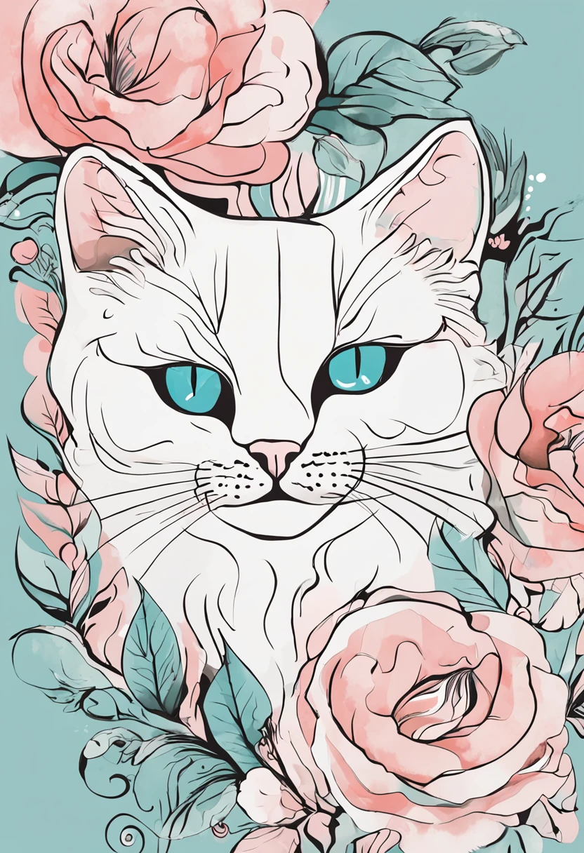 Cats, Main color Black, Secondary color cyan, Pastel pink background, artistic, Sophisticated, Warm style, Shapes include abstract cats, Playful forms, Elegant piece, Textures include fur textures, Smooth paint, Fabric texture, The lines contain graceful lines, Natural curves, Delicate silhouette, The shape is elegant, approachable, Expressive, Aesthetic.