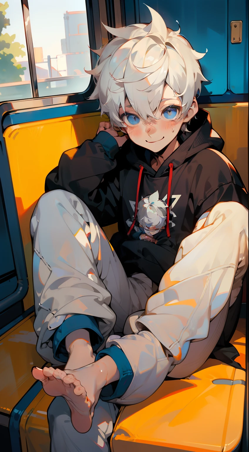 Masterpiece, chubby Little boy with white hair and shiny bright blue eyes and barefoot wearing a hoodie, and oversized sweatpants sitting in a train, young, boy, child, small, toddler, soft light, (sweatpants:1.4), (Boy:1.4), (Shota:1.4), (Young:1.4), (Male:1.4), (smiling:1.4), (foot:1.4), (shy:1.4),