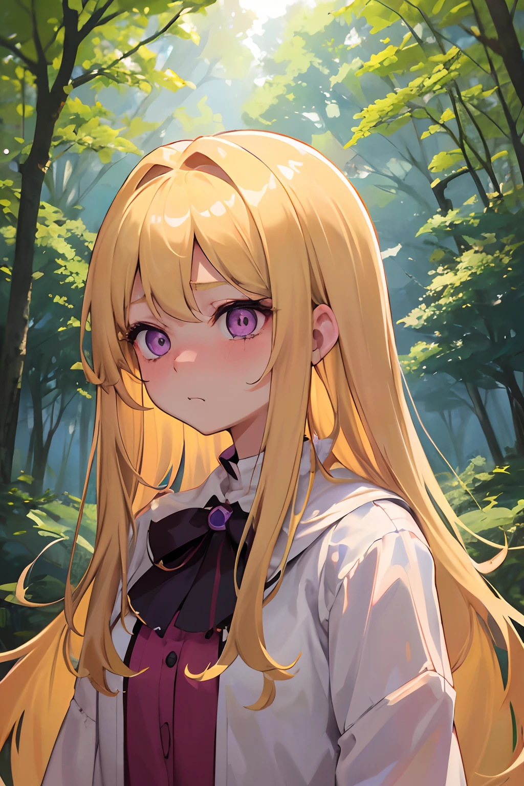 (top-quality、awesome details: 1.25)、18Year old girl、girl with1a person、blonde hair、Purple eyes、I'm embarrassed、8k、Puffed out cheeks and embarrassed、the woods、In the sun through the trees、Soft light