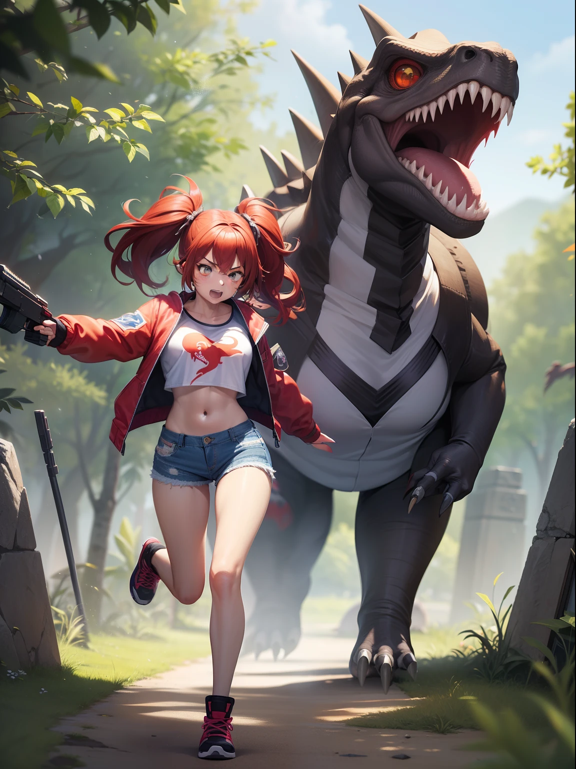 Female asian Irina Shidou red hair twintails green eyes, (1 girl) (1 raptor dinosaur) in ancient Mayan ruins, wearing a bomber jacket and crop top and denim shorts, laser rifle in right hand, shooting laser rifle, running away from a giant raptor dinosaur, big scary raptor dinosaur running behind girl. Big terrifying raptor dinosaur with open mouth running very fast, ray tracing, reflection light, depth of field, full body shot, masterpiece, best quality, high details, high quality, ccurate, textured skin, UHD