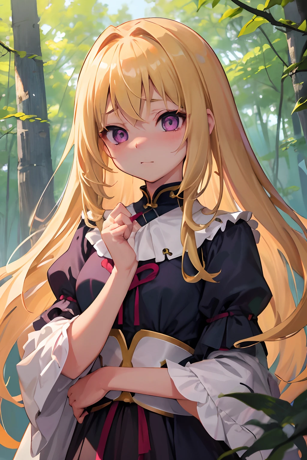 (top-quality、awesome details: 1.25)、18Year old girl、girl with1a person、blonde hair、Purple eyes、I'm embarrassed、8k、Puffed out cheeks and embarrassed、the woods、In the sun through the trees、Soft light