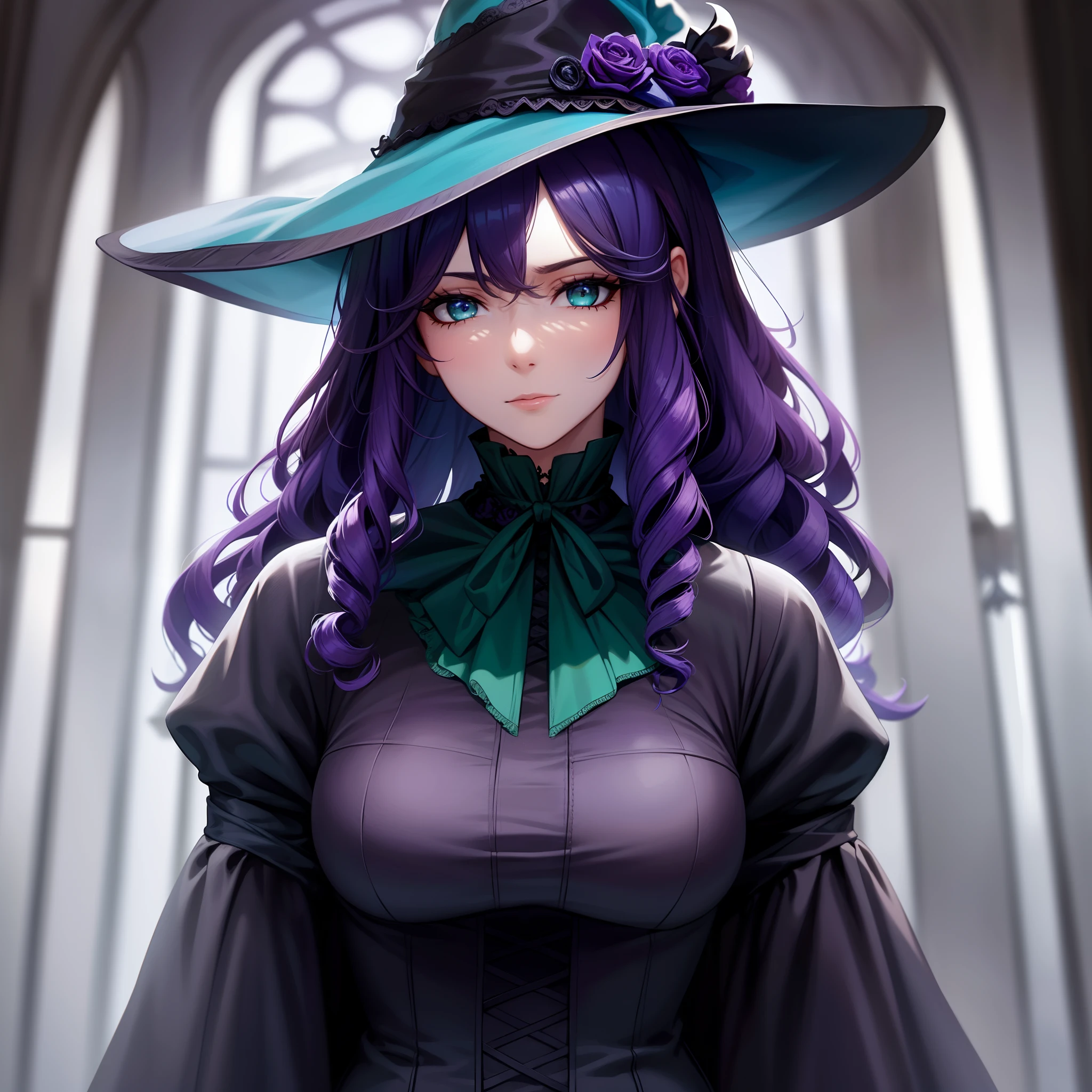 a witch wearing a bizarre mask covering her entire face, a monocle, black gothic dress, guarda chuva roxo, wide-brimmed hat, sombrio, cinematic lighthing, Epic composition, extremamente detalhado.