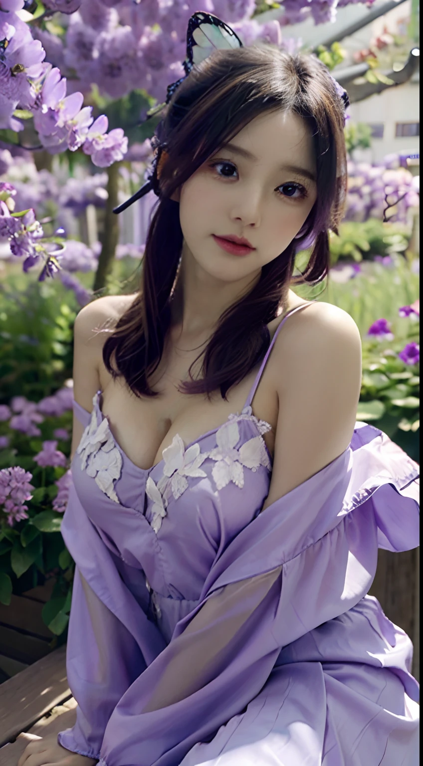 highest quality, masterpiece, Big Breasts, (Big Breasts), Detailed skin texture, Detailed cloth texture, Detailed face, Super detailed, 8k, Intricate details, One girl, 24-years-old, High Contrast, High resolution eyes, ponytail,mauve dress,Wisteria flowers in the background