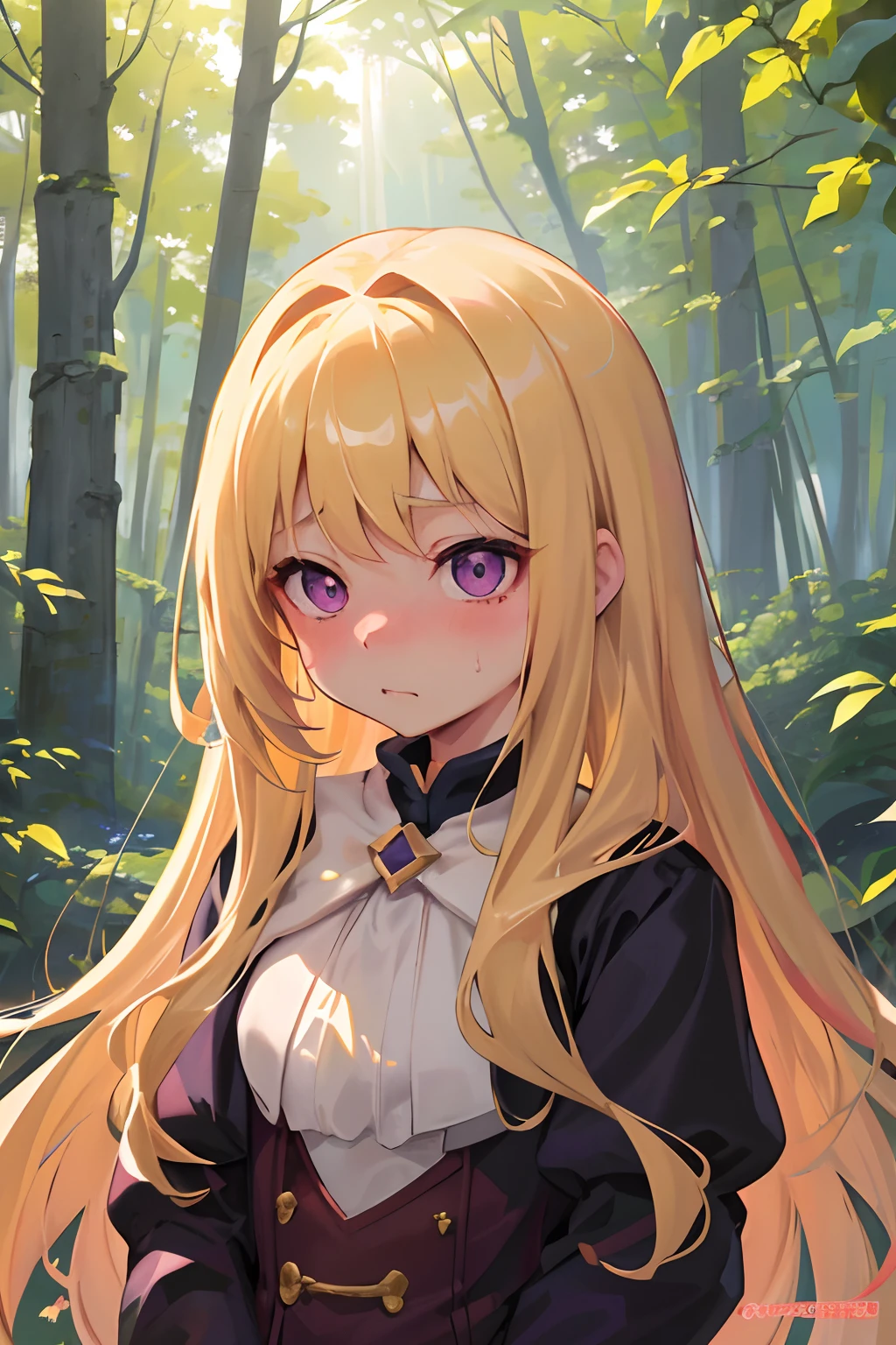 (top-quality、awesome details: 1.25)、18Year old girl、girl with1a person、blonde hair、Purple eyes、I'm embarrassed、8k、Puffed out cheeks and embarrassed、the woods、In the sun through the trees、Soft light