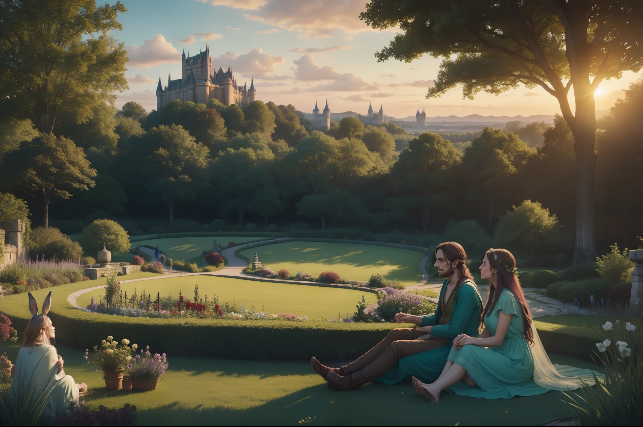 Hippie chic couple, relaxing in the garden. Castles on the background. Rabbits running around them. Palette of aqua, burgundy, forest green, russet. Sunset. Photorealistic.