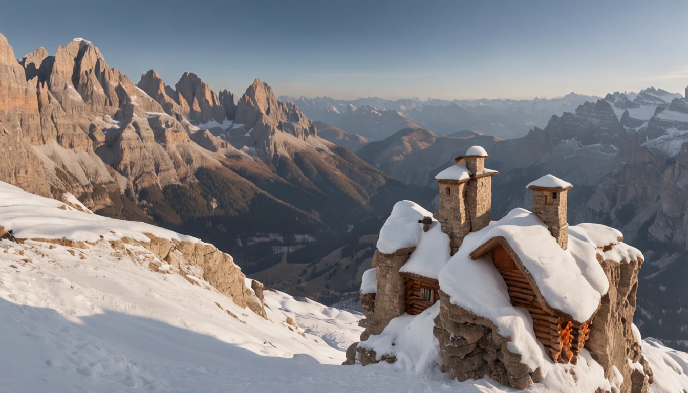 (extremely detailed CG 8k wallpaper unit, masterpiece, best quality, ultra-detailed), (better lighting, better shade, an extremely delicate and beautiful)Colfosco overlooking the Sella Group and Val Mezdì, in winter in the heart of the Dolomites,