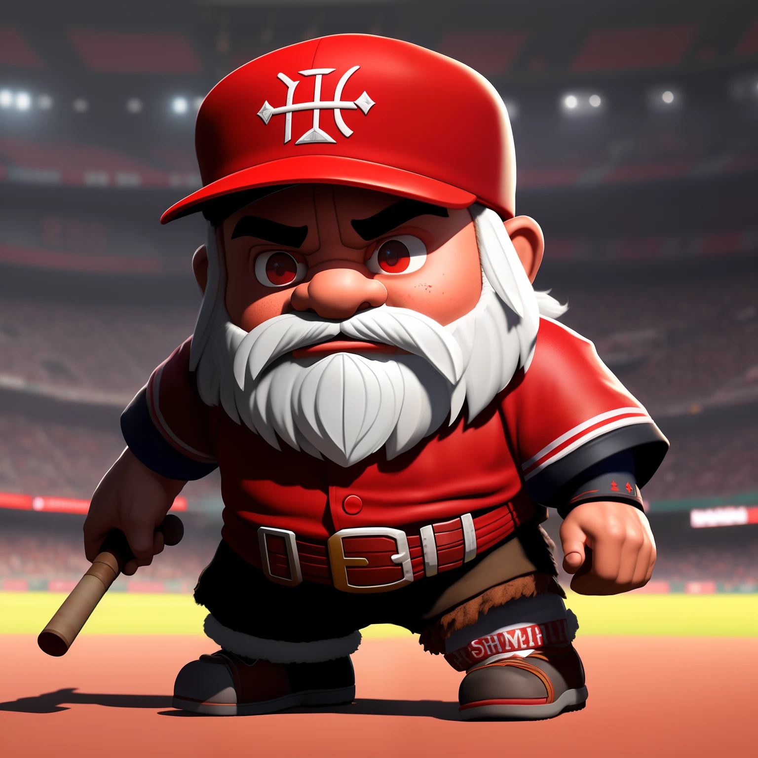 8k rendering, realistic digital painting of a rpg dwarf, wearing a red baseball hat, soccer stadium, intricate details, sports environment , very detail eyes, intense face, [elden ring|d & d] concept art, rpg portrait, octane render, cinematic lighting, (soft shadow:1.2), depth of field, splash art, art by wlop and greg rutkowski