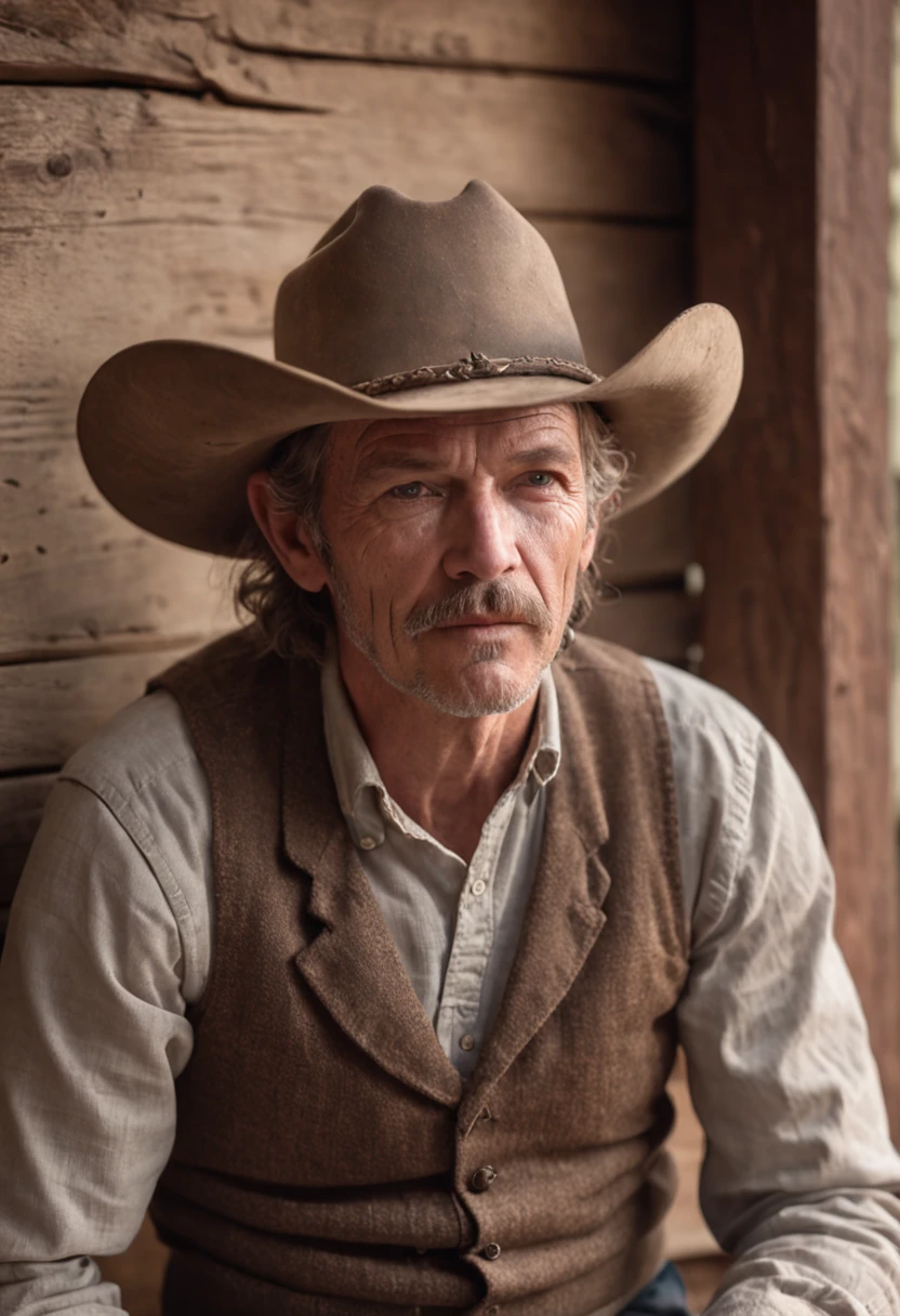 An ultra-realistic photo of a rustic male cowboy with a hyper detailed face sitting in a rocking chair on the porch of an old wooden house style HD 16K western movie