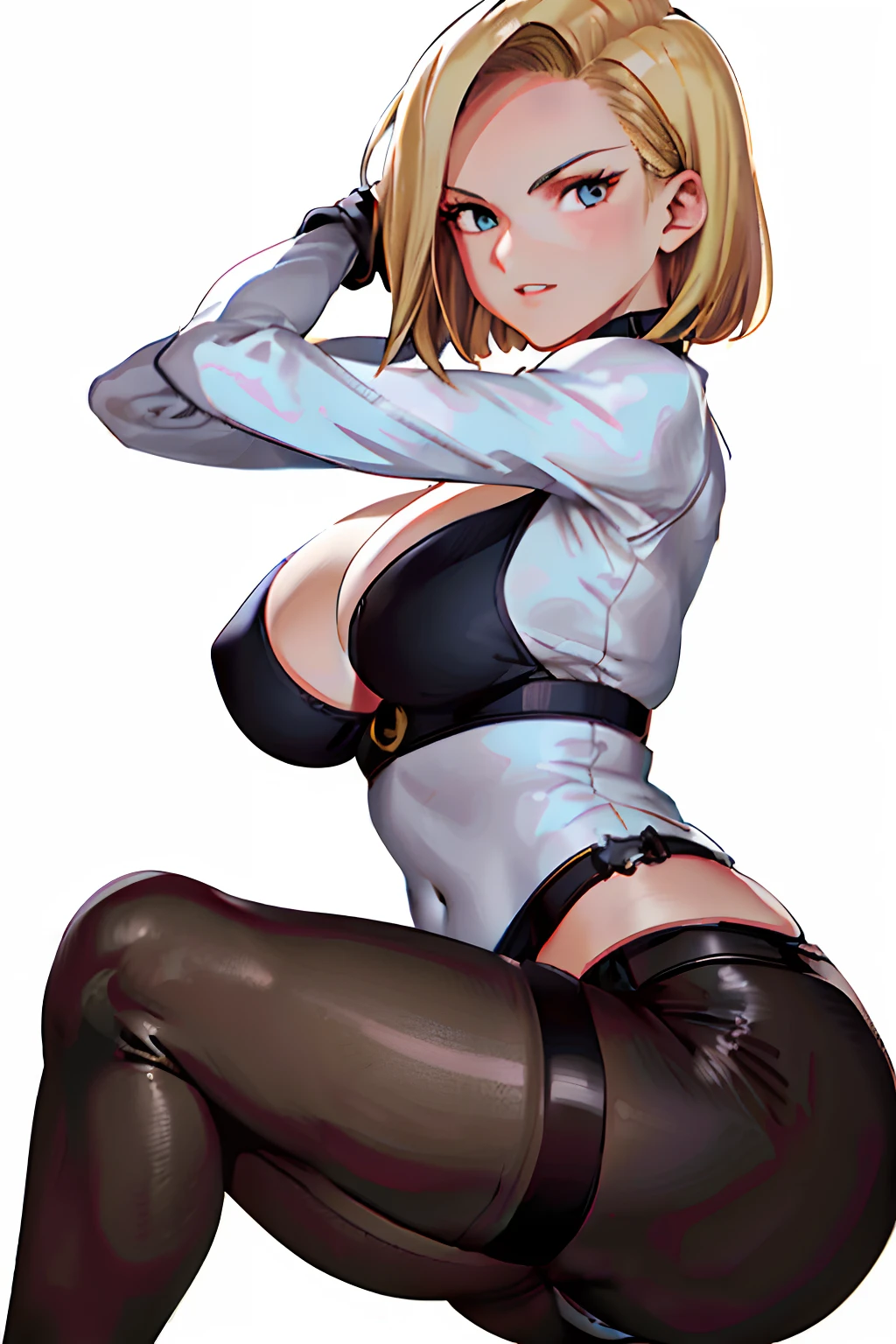 Android 18, masterpiece, best quality, (detailed background),High contrast, 1girl, full body, Bikini, (white background:1.5), ((sketch)), clean lineart, Huge Breasts, Sexy Pose, Big Butt, sexy face