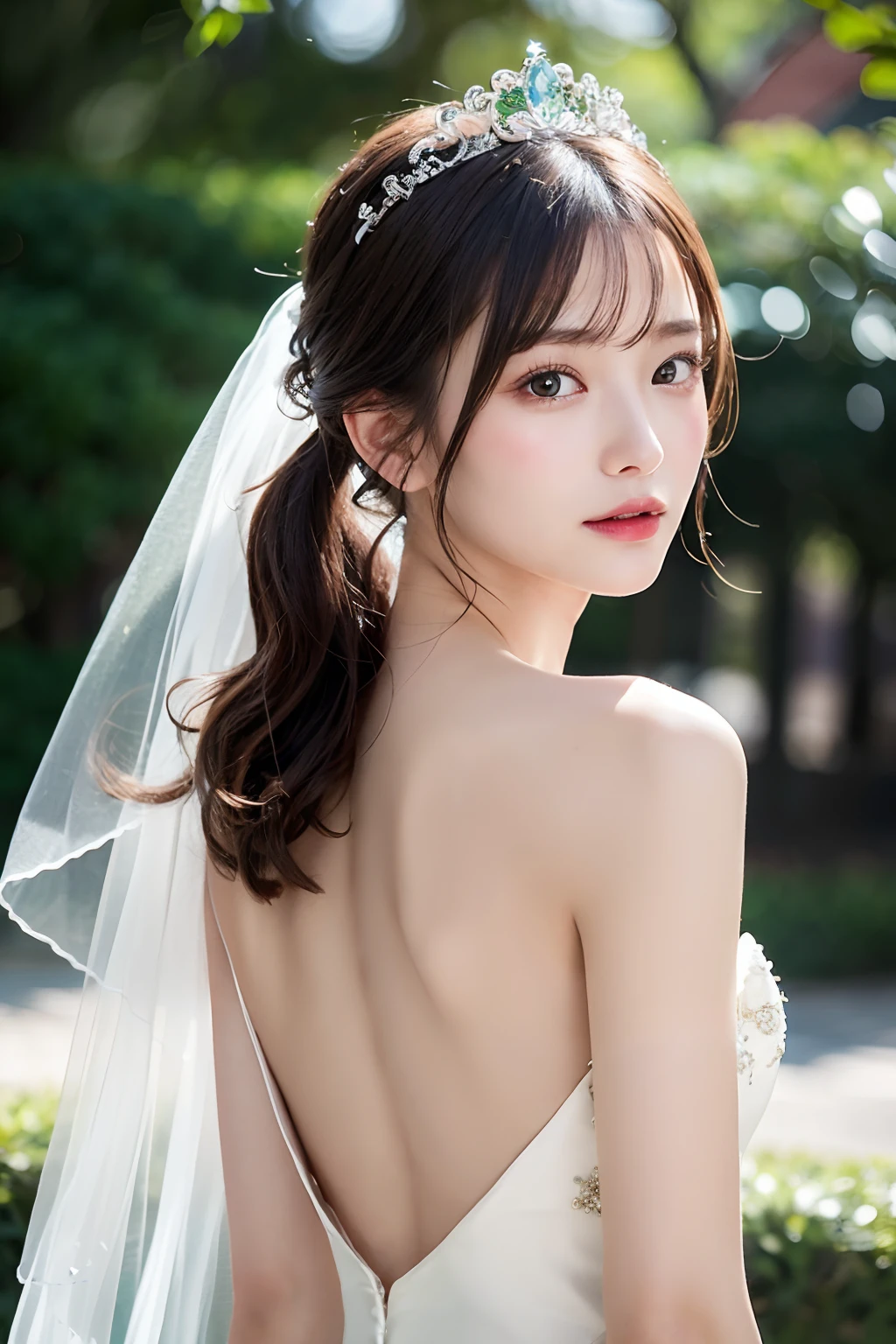 (extremely delicate and beautiful work)、(masterpiece)、Very detailed princess wedding dresses、Bridal tiara、Bridal Veil、poneyTail、A charming expression、Beautiful and clear eyes、Simple blurry background、mare、Ultra-fine painting、delicated face、Delicate figure、thin clavicle、Beautiful lips、Soft back view、(8K、Raw photography、top-quality、masterpiece:1.2), (reallistic, Photorealsitic:1.37)、Cute、Professional Lighting, Photon mapping, Radio City, physically-based renderingt, ((Upper body))、((frontage))、((The skin on the back hides))
