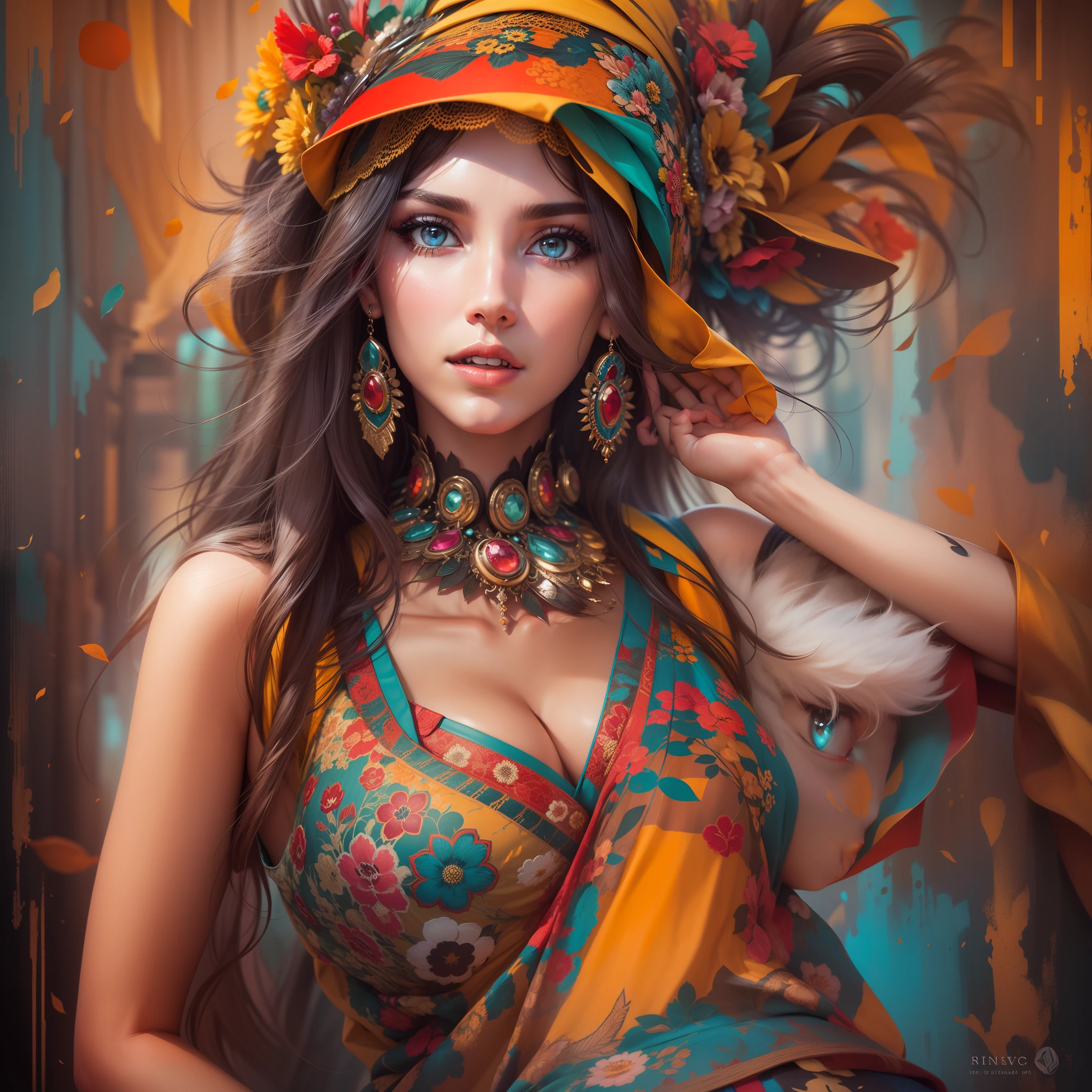 Create a Most Beautiful Woman Picture, from South America, Bolivia, beautiful woman most beautiful, pretty girl, pretty woman, art (picture:1.3), (cover-style:1.3), fashionable, woman, vibrant, outfit, posing, front, colorful, background, striking, modern, trendy, fashion, Detailed face, flawless skin, Detailed eyes, perfect eyes,