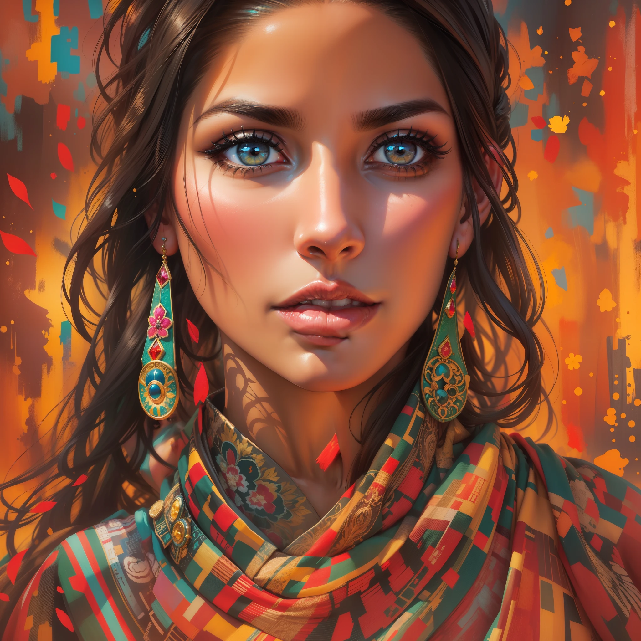 Create a Most Beautiful Woman Picture, from South America, Bolivia, beautiful woman most beautiful, pretty girl, pretty woman, art (picture:1.3), (cover-style:1.3), fashionable, woman, vibrant, outfit, posing, front, colorful, background, striking, modern, trendy, fashion, Detailed face, flawless skin, Detailed eyes, perfect eyes,