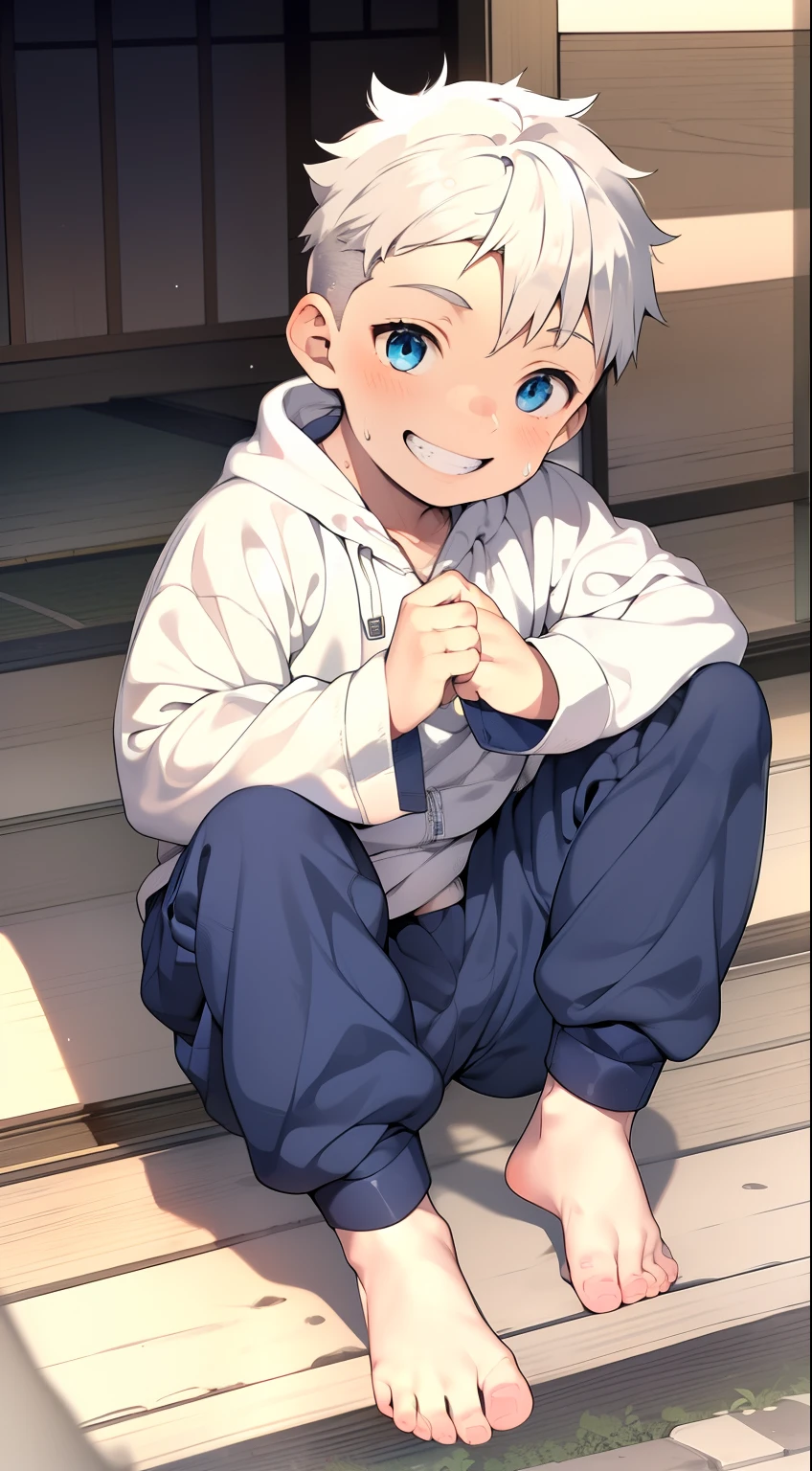 Masterpiece, chubby  boy with white hair and shiny bright blue eyes and barefoot wearing a hoodie, and oversized sweatpants sitting in a train, young, boy, child,l, toddsoft lit, (sweatpants:1.4), (Boy:1.4), (Shota:1.4), (Young:1.4), (Male:1.4), (smiling:1.4), (foot:1.4), (shy:1.4),