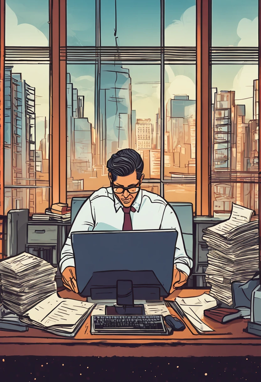 (extremely detailed high definition CG illustration, obra-prima de primeira linha),(oppressive office, dim lighting, Panoramic photo of a man sitting at a desk surrounded by stacks of files),(Feliz e bem sucedido, with short black hair and glasses, celebrating with his hands as if happy for success, abrindo um laptop, with a steaming café next door, close-up enfatizando sua felicidade),(Daytime view of the city through the window)