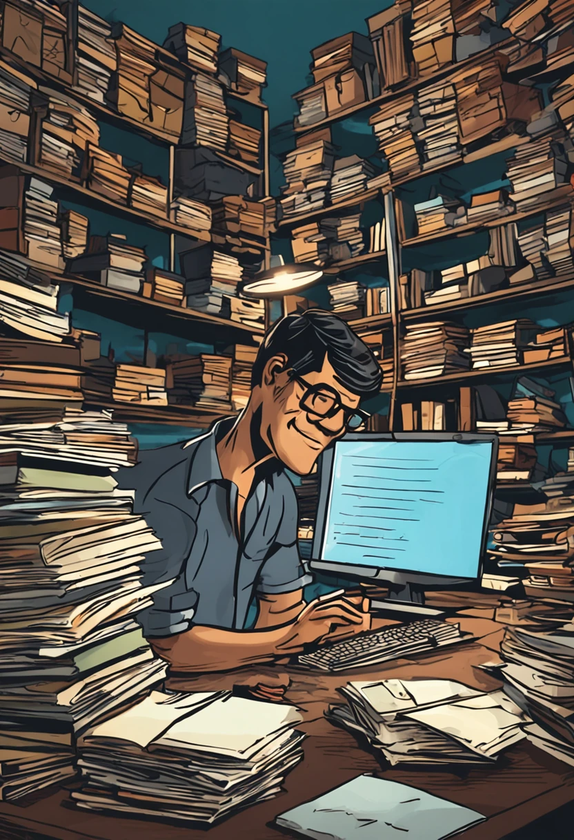 (extremely detailed high definition CG illustration, obra-prima de primeira linha),(oppressive office, dim lighting, Panoramic photo of a man sitting at a desk surrounded by stacks of files),(Feliz e bem sucedido, with short black hair and glasses, celebrating with his hands as if happy for success, abrindo um laptop, with a steaming café next door, close-up enfatizando sua felicidade),(Daytime view of the city through the window)