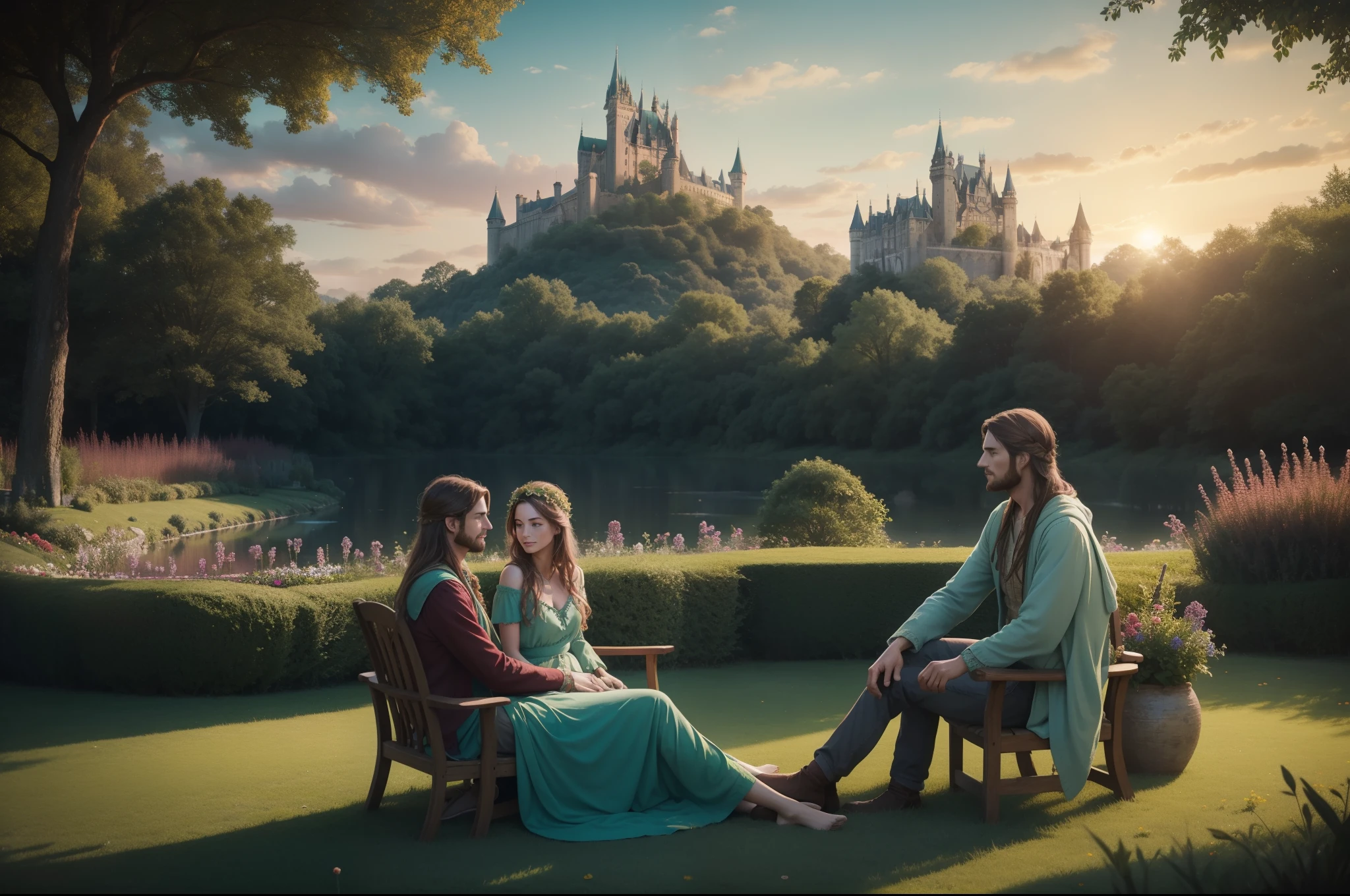 Hippie chic couple, relaxing in the garden. Castles on the background. Rabbits running around them. Palette of aqua, burgundy, forest green, russet. Sunset. Photorealistic.