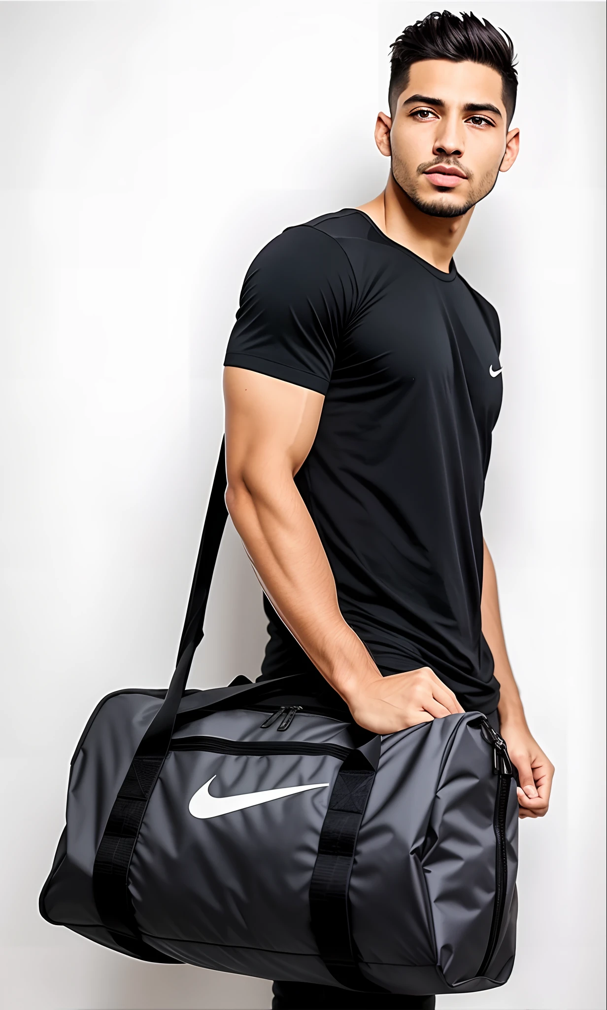 Nike Duffel Bag Preto, estilo esportivo profissional, foto oficial do produto, Sacos, roupas esportivas, Perfil de corpo inteiro, imagem oficial do produto, Nick Silva, Detalhe perfeito, corpo inteiro, corpo inteiro, detalhes elaborados, suave em _ O pano de fundo, catalog photo, extremamente intrincado, detalhes altamente intrincados, seu intrincado detalhado, sombreamento intrincado, Detalhe excepcional, fotografia realista, fotografia, obra-prima, realista, Realismo, renderizado, Alto contraste, Arte Digital, fotográficorealista, trend in Artstation 8k HD, high definiton, circunstanciado, Realistic, detalhada, textura da pele, hiperdetalhada, Textura realista da pele, melhor qualidade, ultra high-resolution, (fotografia realista: 1.4), alta resolução, detalhada, fotografia crua, Crisp resolution, Nikon d850 filme, fotografia de stock 4, Kodak Portra 400 Camera F1 Lens.6, textura hiper realista, lighting dramatic, Unrealistic trend in Artstation Cinestill 800, RAW. Directed by: Lee Jeffries.