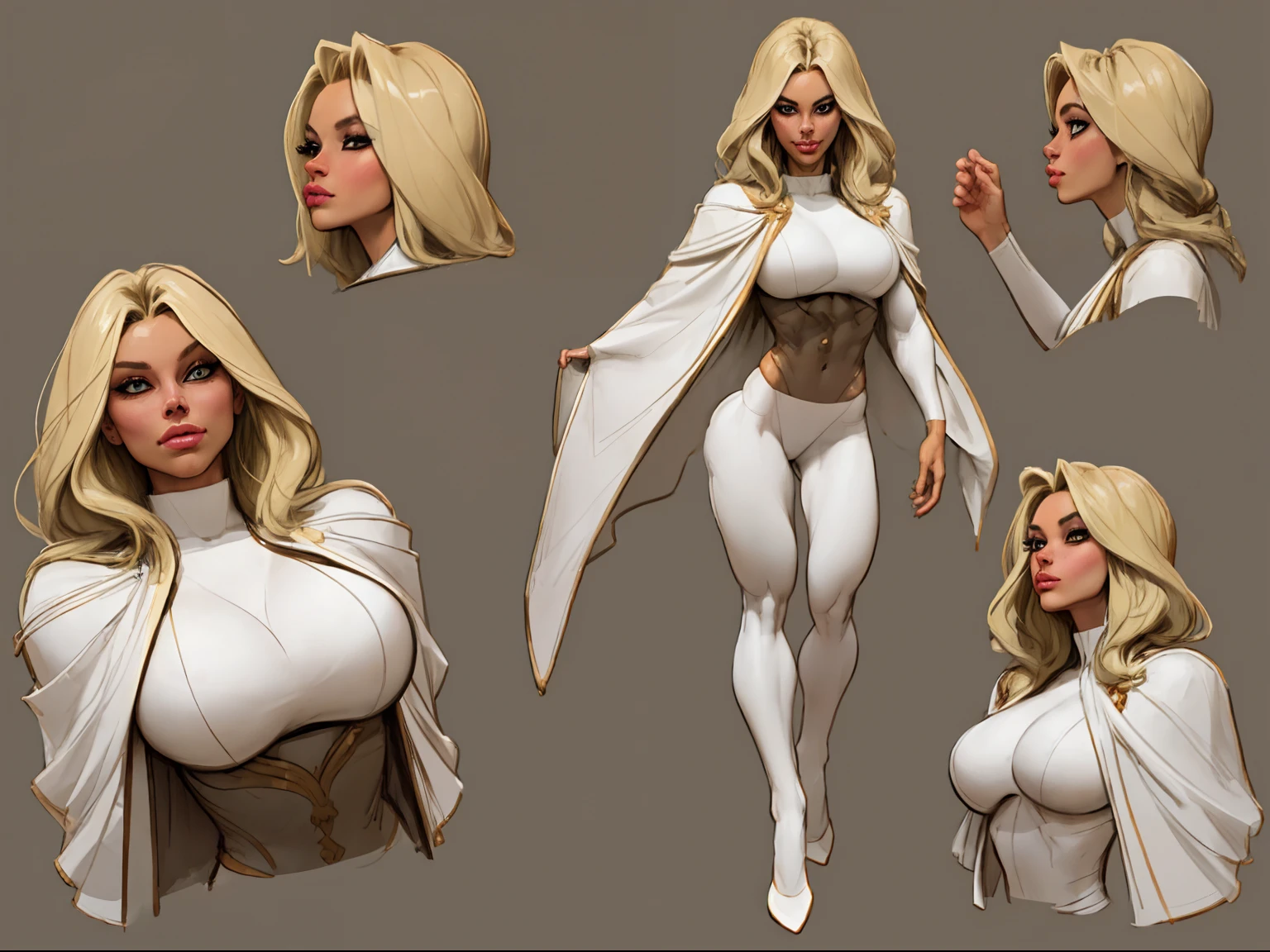 ((masterpiece)),(((best quality))),((character design sheet)), illustration,1woman, environment Scene change,  muscular, (white skin:1.4), white legs, thick legs, royalty cape, scribbles and marks, fire, ((detailed face:1.1)), rough sketches, pose too, blonde and white color palette, 8k,16k, (simple background, light background: 1.3)