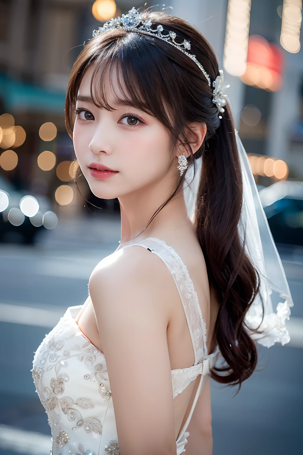 (extremely delicate and beautiful work)、(masterpiece)、Very detailed princess wedding dresses、Bridal tiara、Bridal Veil、poneyTail、A charming expression、Beautiful and clear eyes、Simple blurry background、mare、Ultra-fine painting、delicated face、Delicate figure、thin clavicle、Beautiful lips、Soft back view、(8K、Raw photography、top-quality、masterpiece:1.2), (reallistic, Photorealsitic:1.37)、Cute、Professional Lighting, Photon mapping, Radio City, physically-based renderingt, ((Upper body))、((frontage))、((The skin on the back hides))