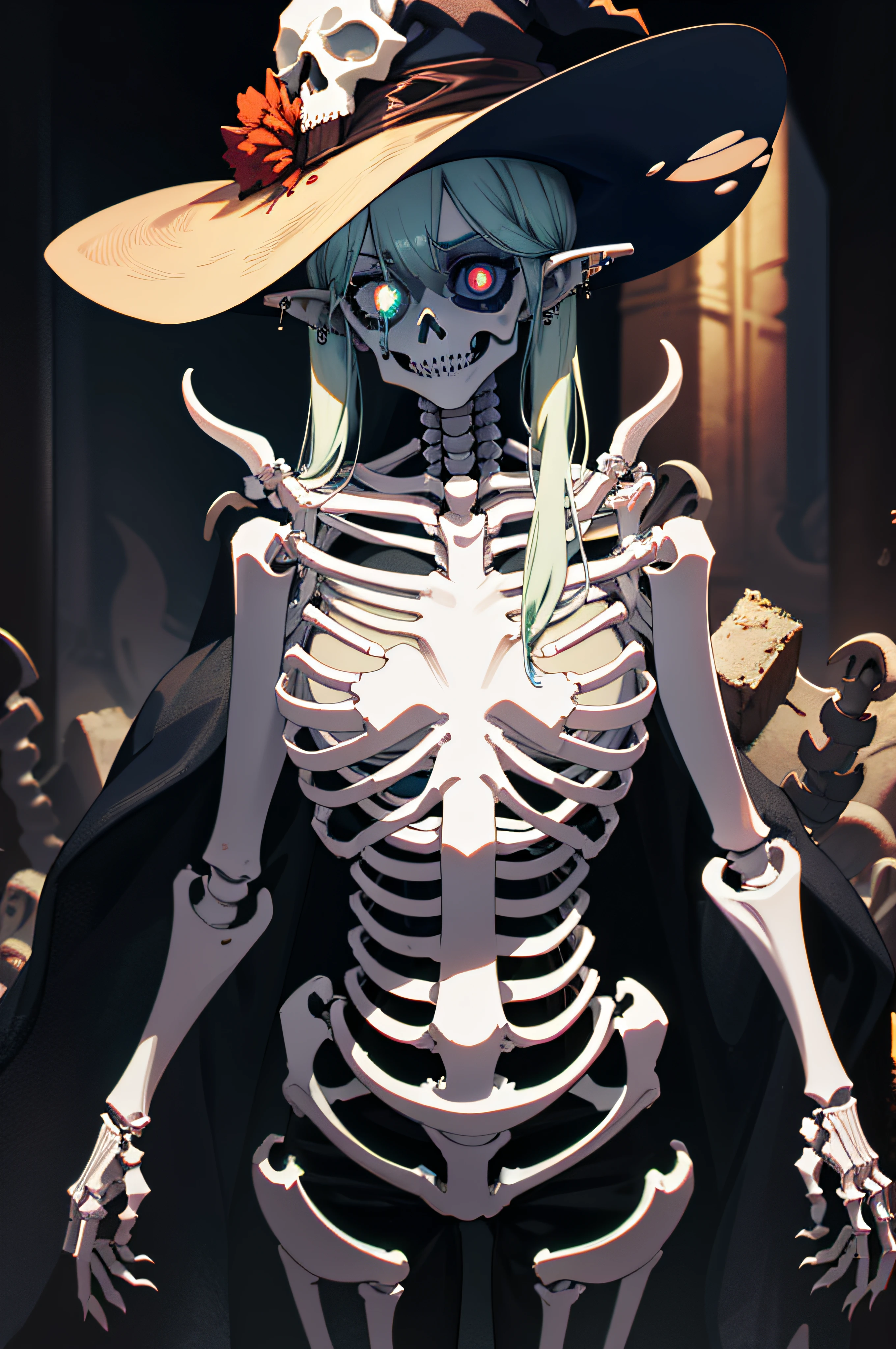gorgeous 1girl, witch goblin, (doll:0.65), flexible, medium breasts, cute, lovely, RAW, (bones), ((skeleton, horror, torn)), piercing eyes, Realism, Anime, Ambient Occlusion, VFX, Volumetric Lighting, Volumetric Light, Volumetric, high details, detailed and intricate, intricate details, high intricate details, absurd amount of details, absurdres, high resolution, Cowboy Shot, "Determined, Driven and Resolute", "Mysterious, Enigmatic and Intriguing", "Fit body", Mummy, skulls,