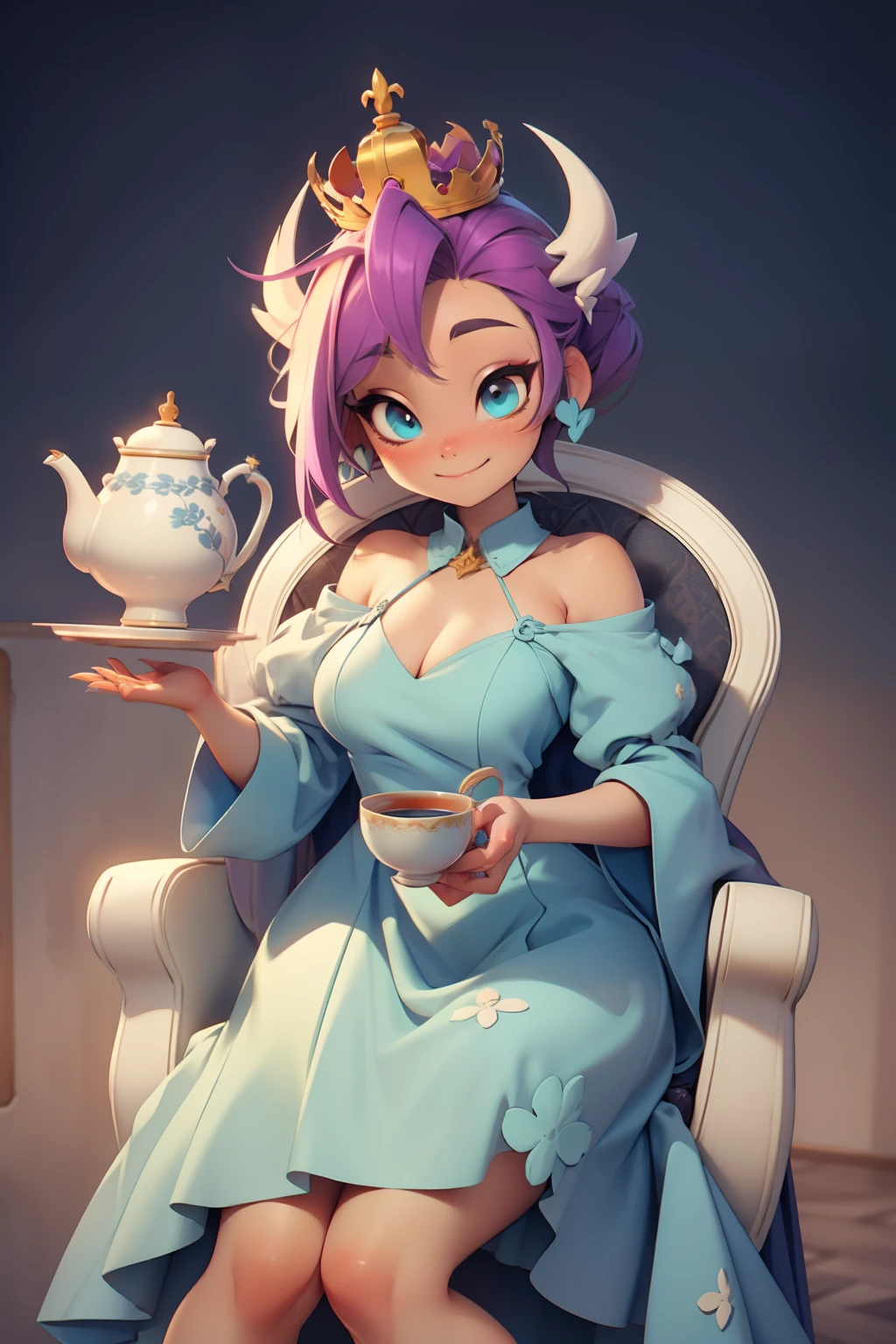 dragon, (purple hair), (Beige dragon horns), Cyan eyes, scale, paws with claws, Orange spread wings, orange ponytail with purple hair at the tip, anthro, Average Breasts, Hairstyle high, dragon head, naked body, joying, A big smile, Fluffy blue and blue dress, makeup, golden crown, Rich palace, drinks tea, cups and teapot, seductive, in full height, sits in a chair