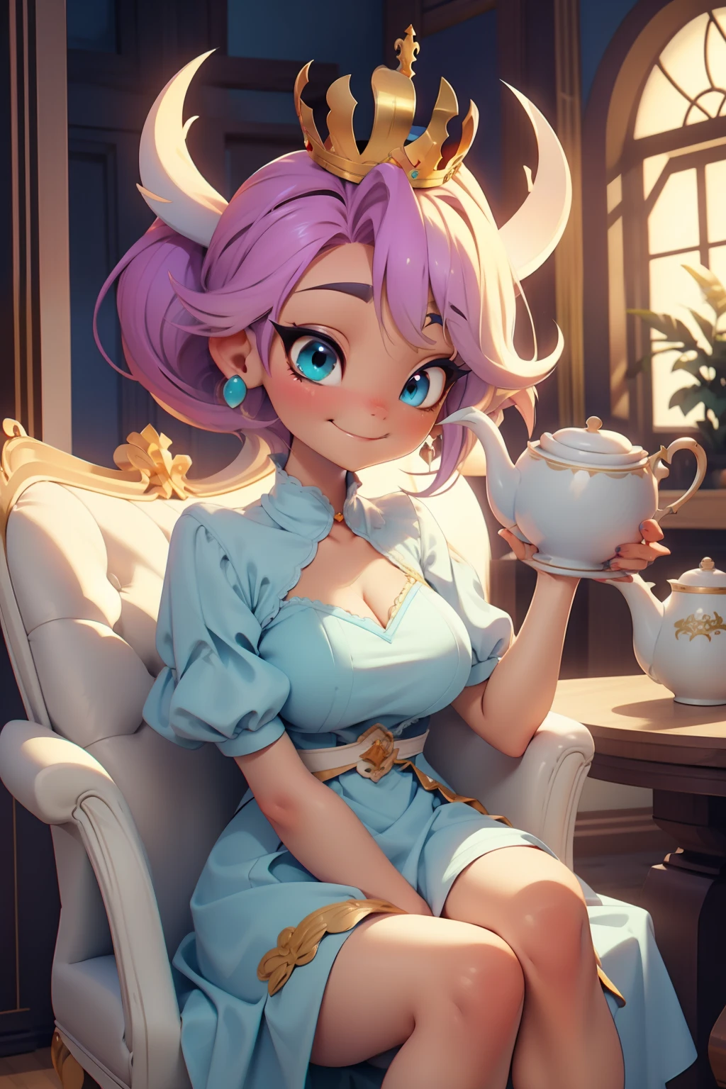 dragon, (purple hair), (Beige dragon horns), Cyan eyes, scale, paws with claws, Orange spread wings, orange ponytail with purple hair at the tip, anthro, Average Breasts, Hairstyle high, dragon head, naked body, joying, A big smile, Fluffy blue and blue dress, makeup, golden crown, Rich palace, drinks tea, cups and teapot, seductive, in full height, sits in a chair