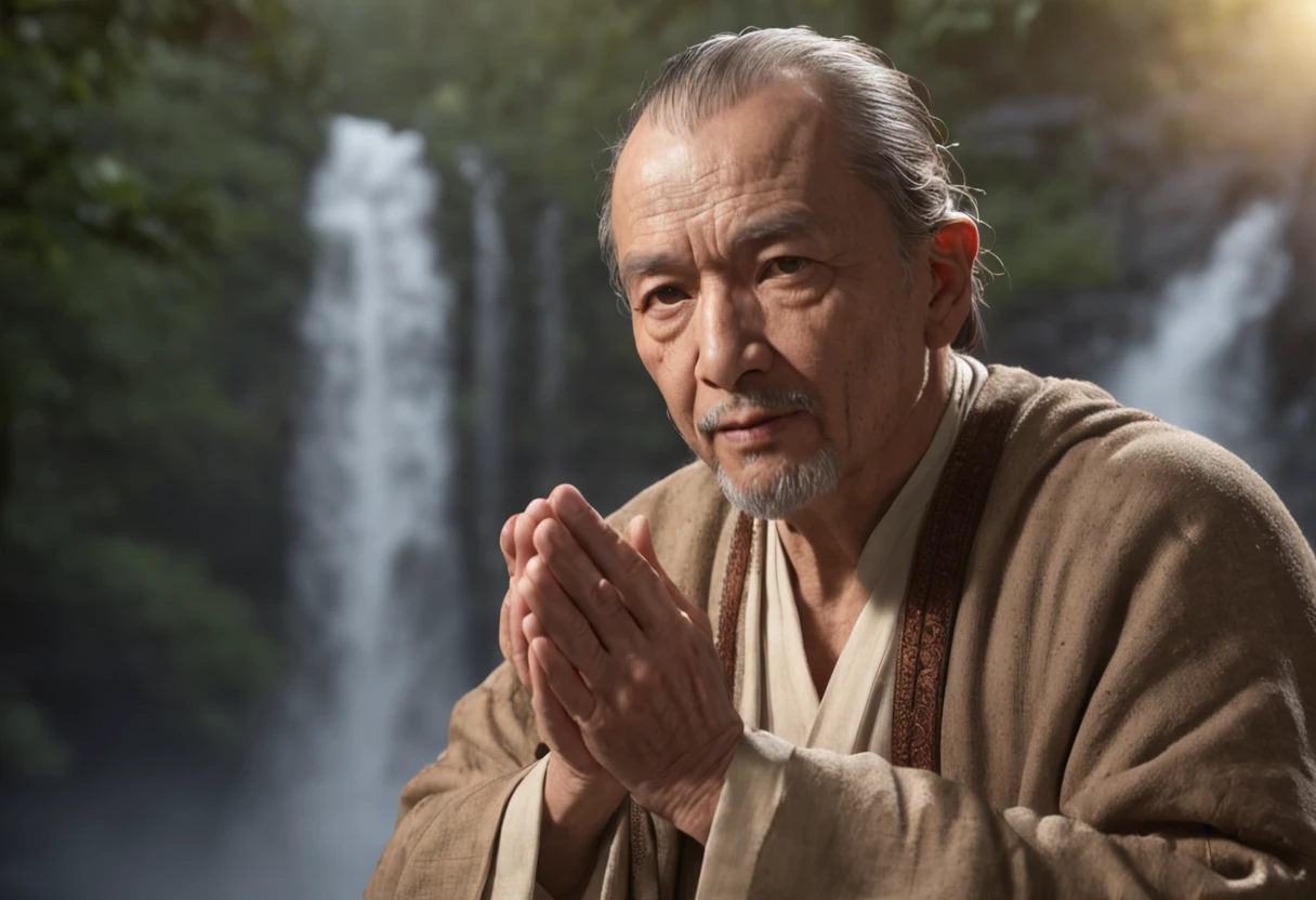 (Professional 3D rendering:1.3) de (Realistic:1.3) (Professional 3D rendering:1.3) de (Realistic:1.3) Disciple before Wise Master, His hands together and on his chest, Revering the Wise Master, Face in lush cinematic lighting, In the background image of cinematic and lush mountains and waterfalls, offering a sense of respect and reversal, cena retratada com extremo realismo, discipulo com 30 anos, mestre-sabio com cabelos e barba branca, wise master showing serenity and kindness, wise master in meditation position.