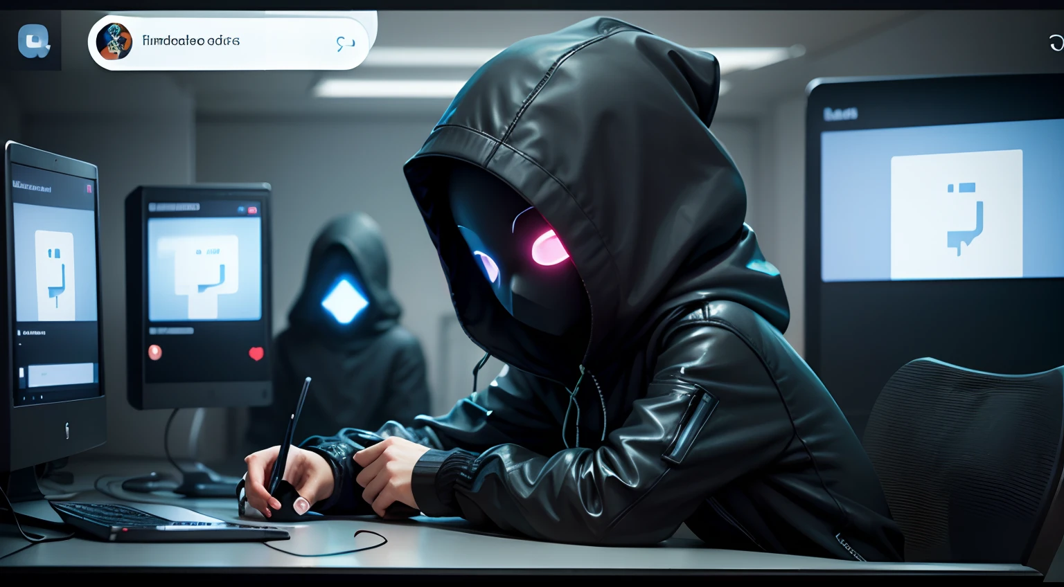 hacking social media, many phones and social networks facebook instagram tiktok, computer, dark night, no face, matrix --auto